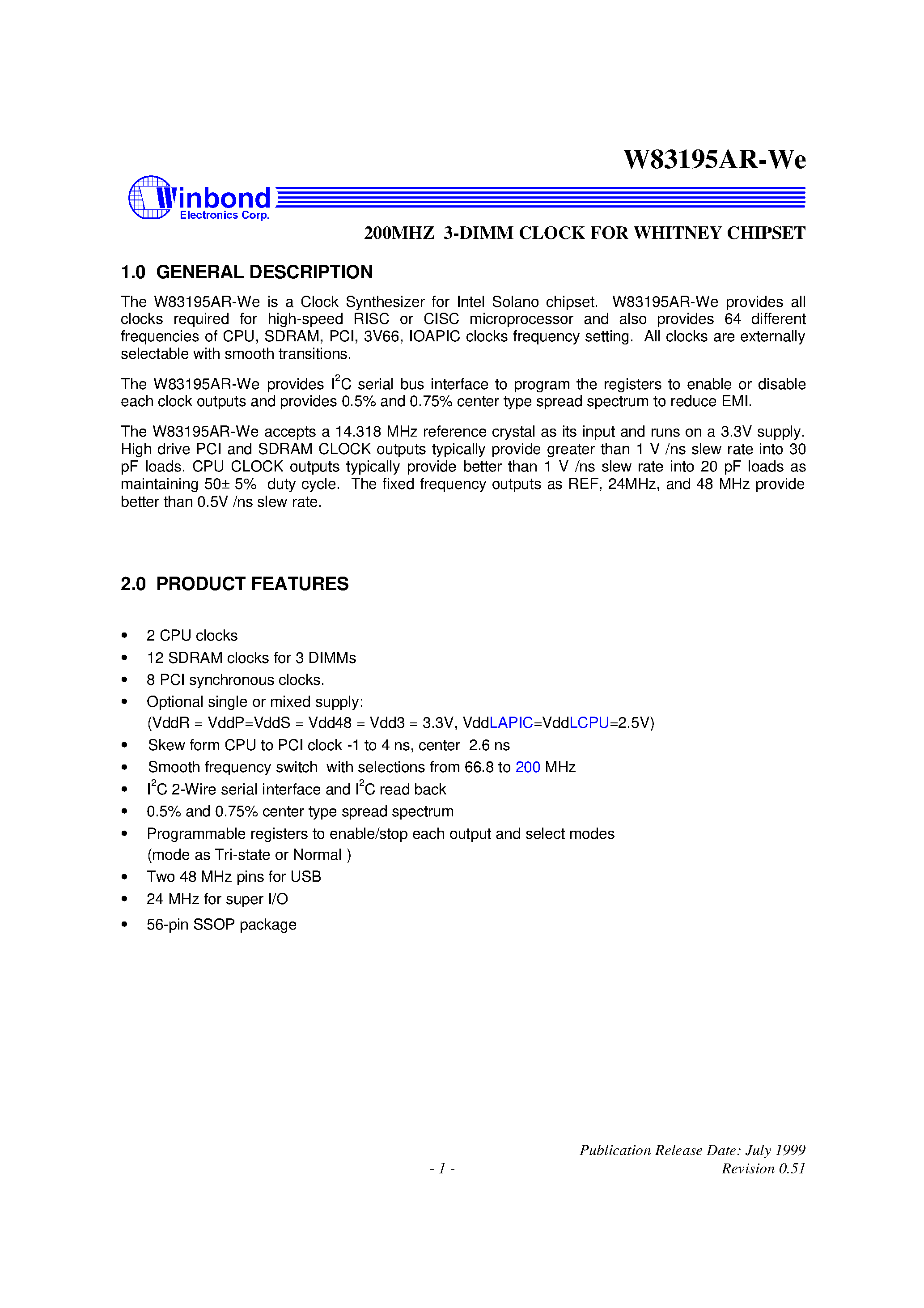 Datasheet W83195AR-WE - 200MHZ 3-DIMM CLOCK FOR WHITNEY CHIPSET page 1