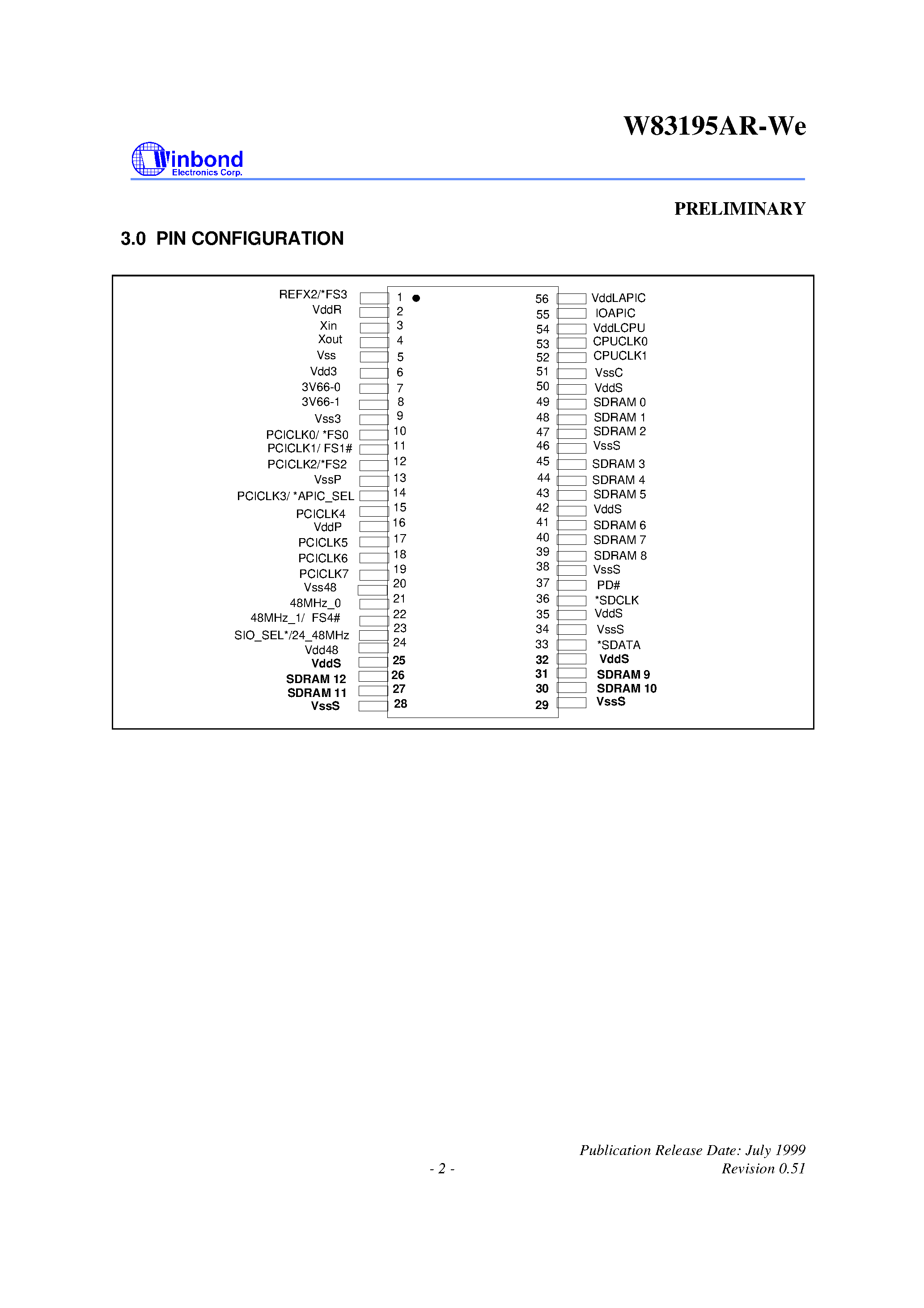 Datasheet W83195AR-WE - 200MHZ 3-DIMM CLOCK FOR WHITNEY CHIPSET page 2