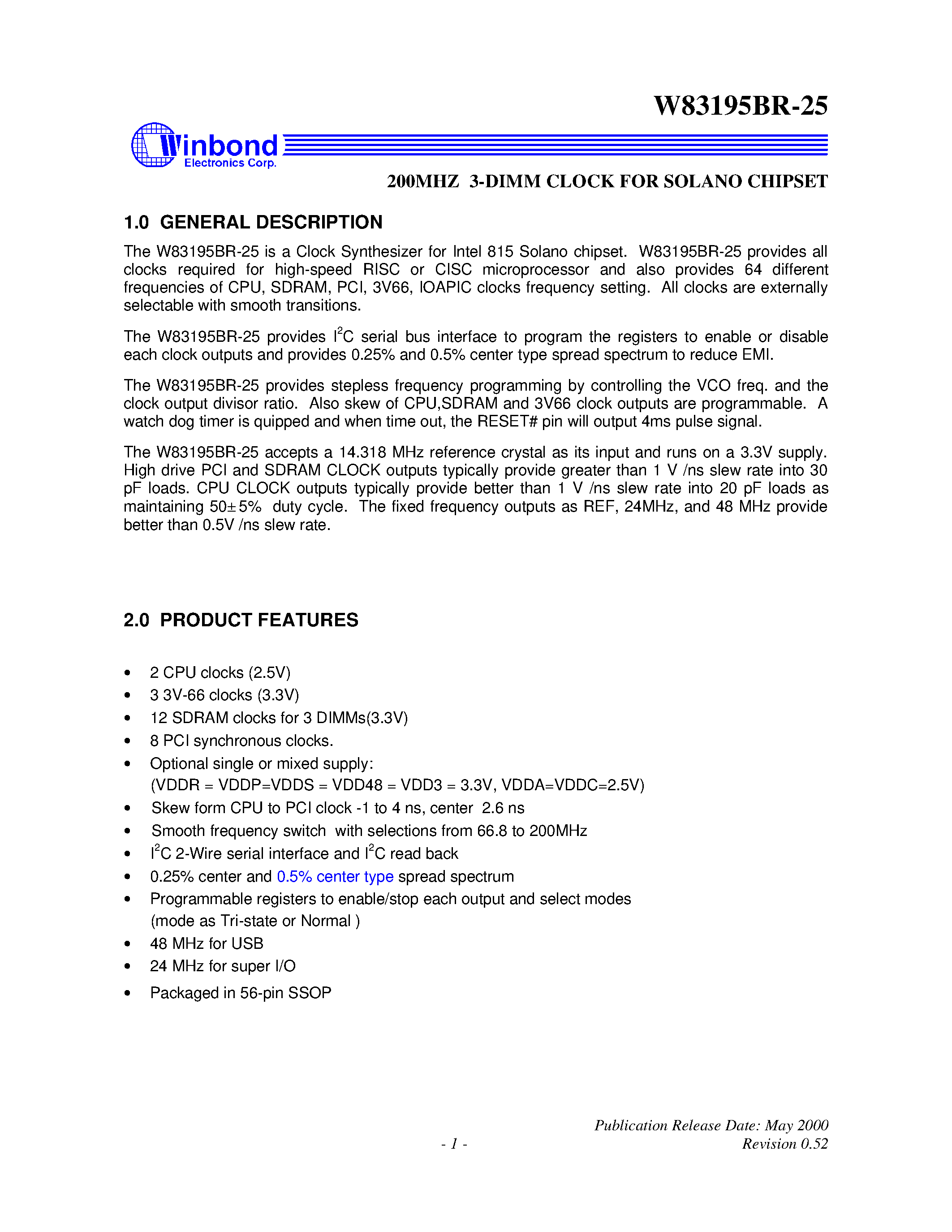 Datasheet W83195BR-25 - 200MHZ 3-DIMM CLOCK FOR SOLANO CHIPSET page 1