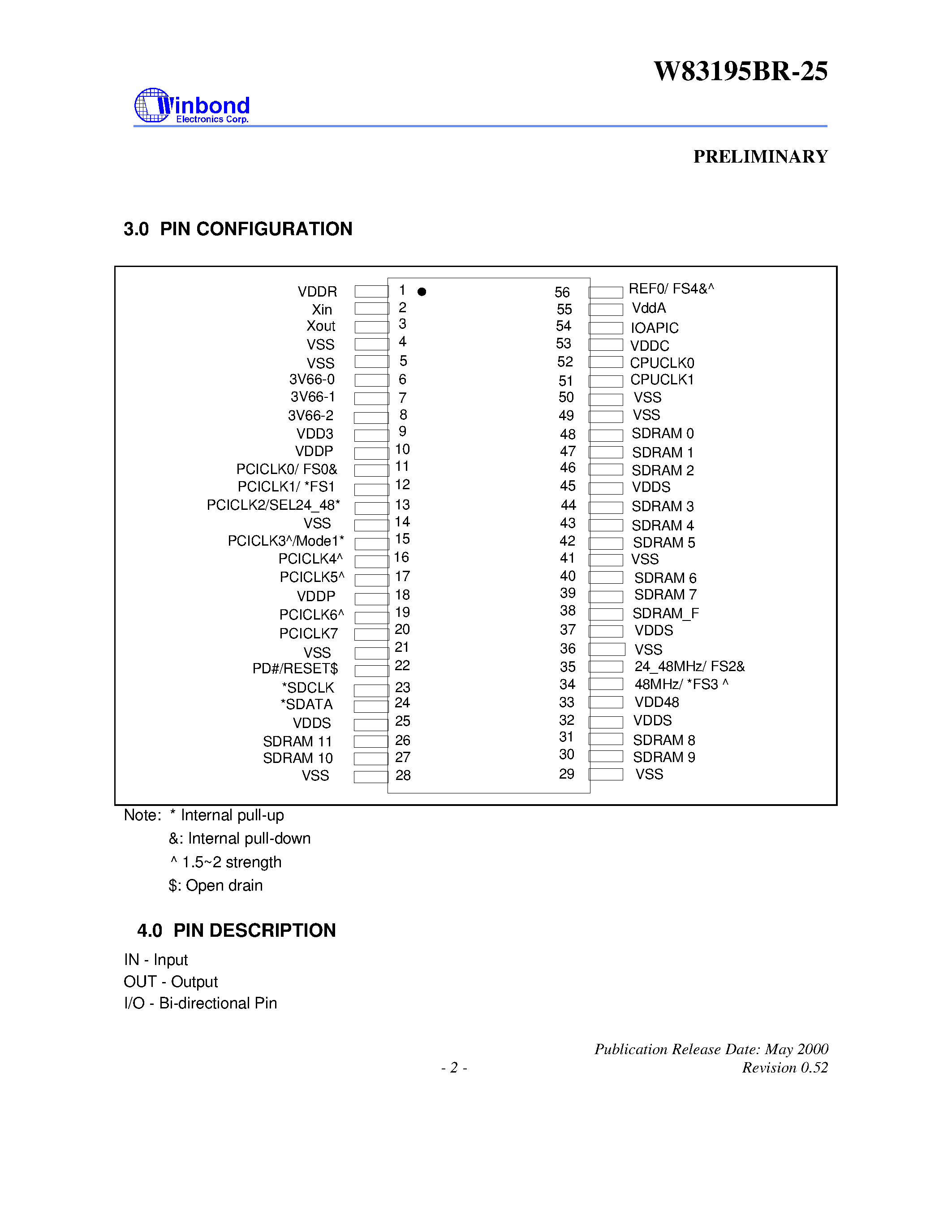Datasheet W83195BR-25 - 200MHZ 3-DIMM CLOCK FOR SOLANO CHIPSET page 2