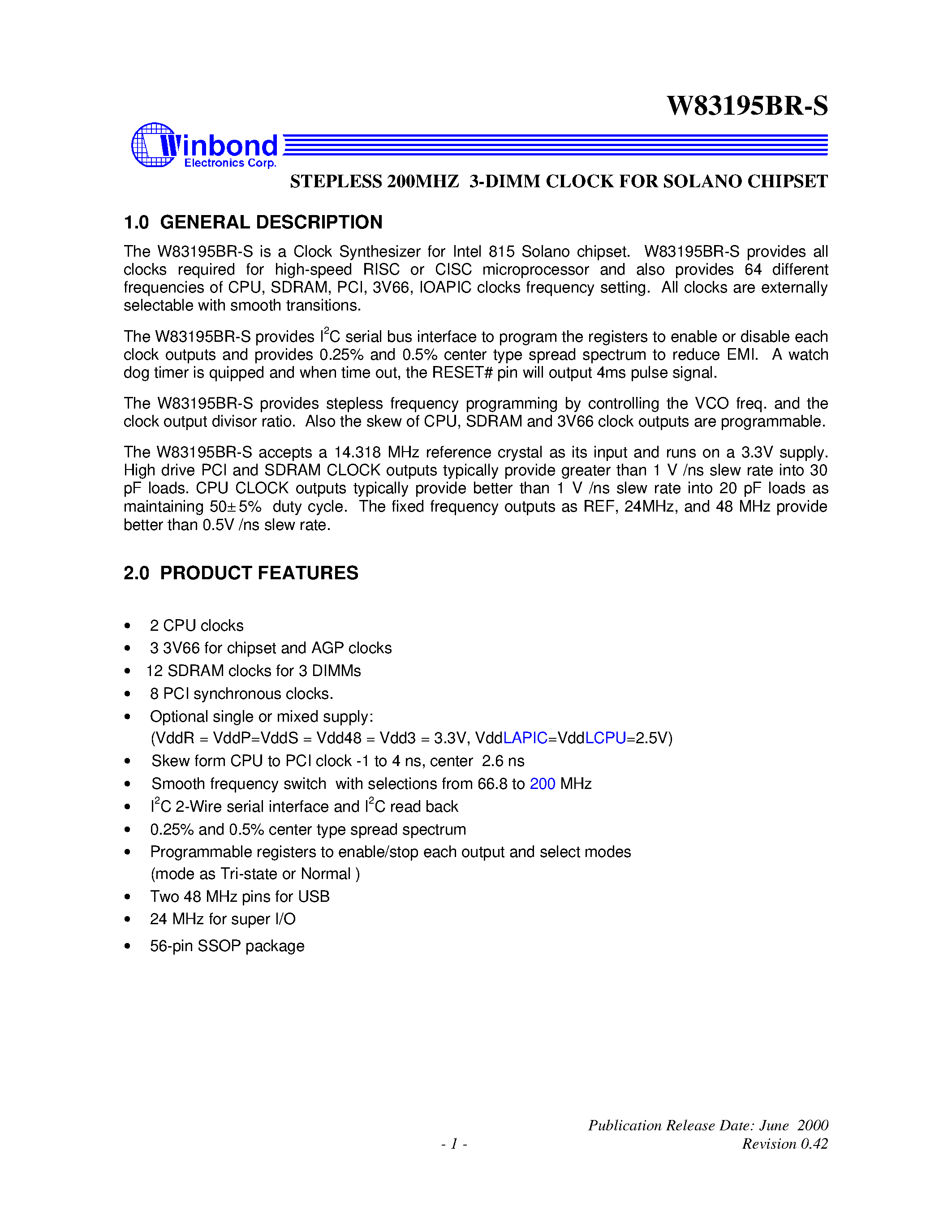 Даташит W83195BR-S - STEPLESS 200MHZ 3-DIMM CLOCK FOR SOLANO CHIPSET страница 1