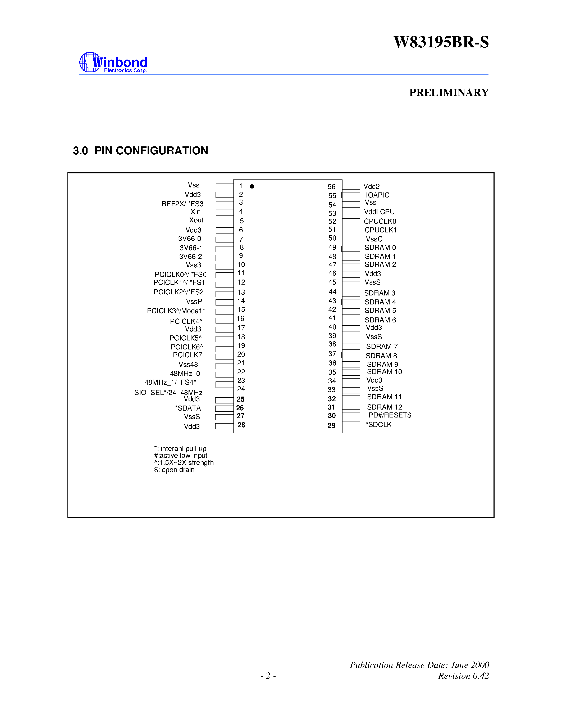 Даташит W83195BR-S - STEPLESS 200MHZ 3-DIMM CLOCK FOR SOLANO CHIPSET страница 2