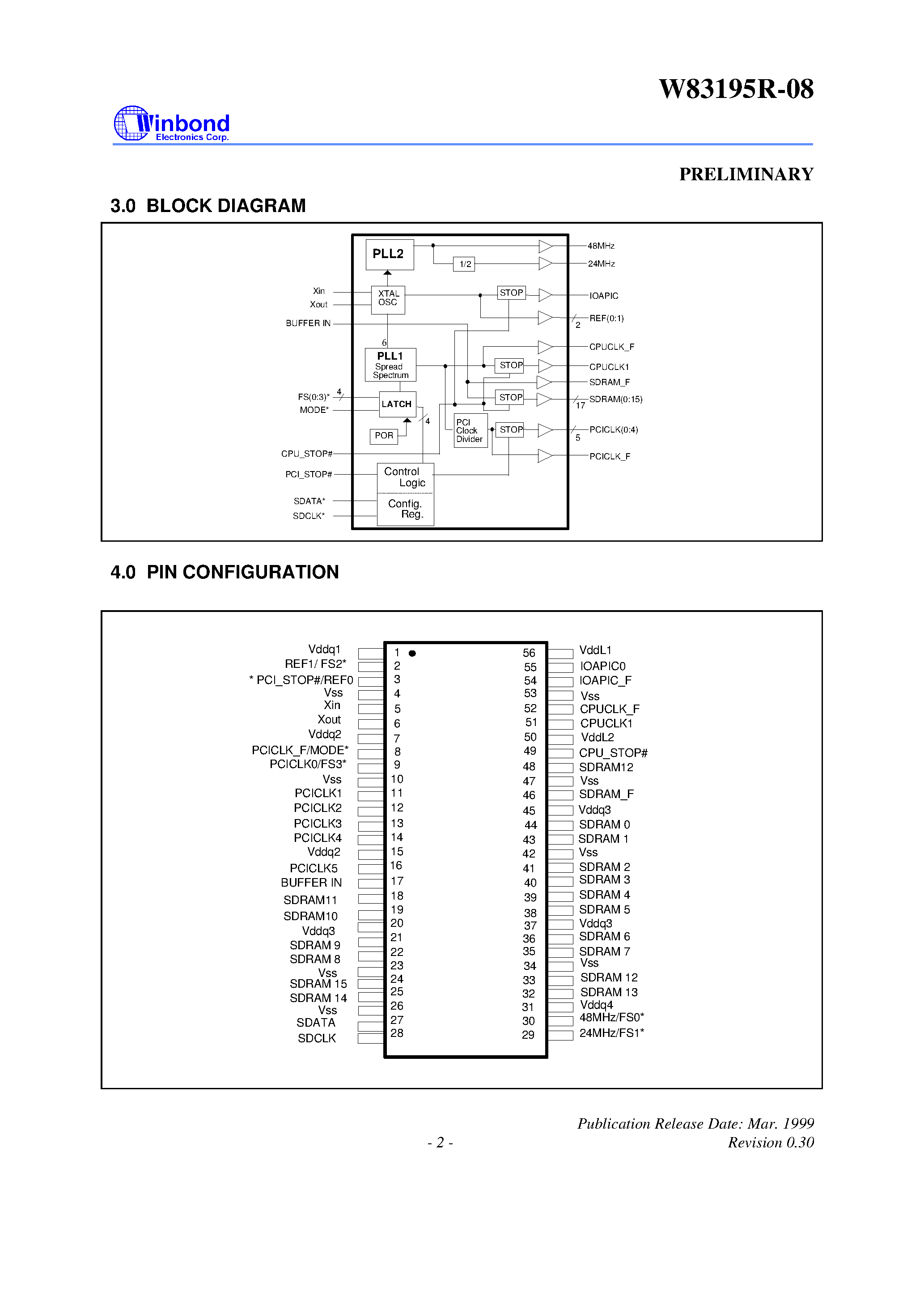 Даташит W83195R-08 - 150MHZ 4-DIMM CLOCK страница 2