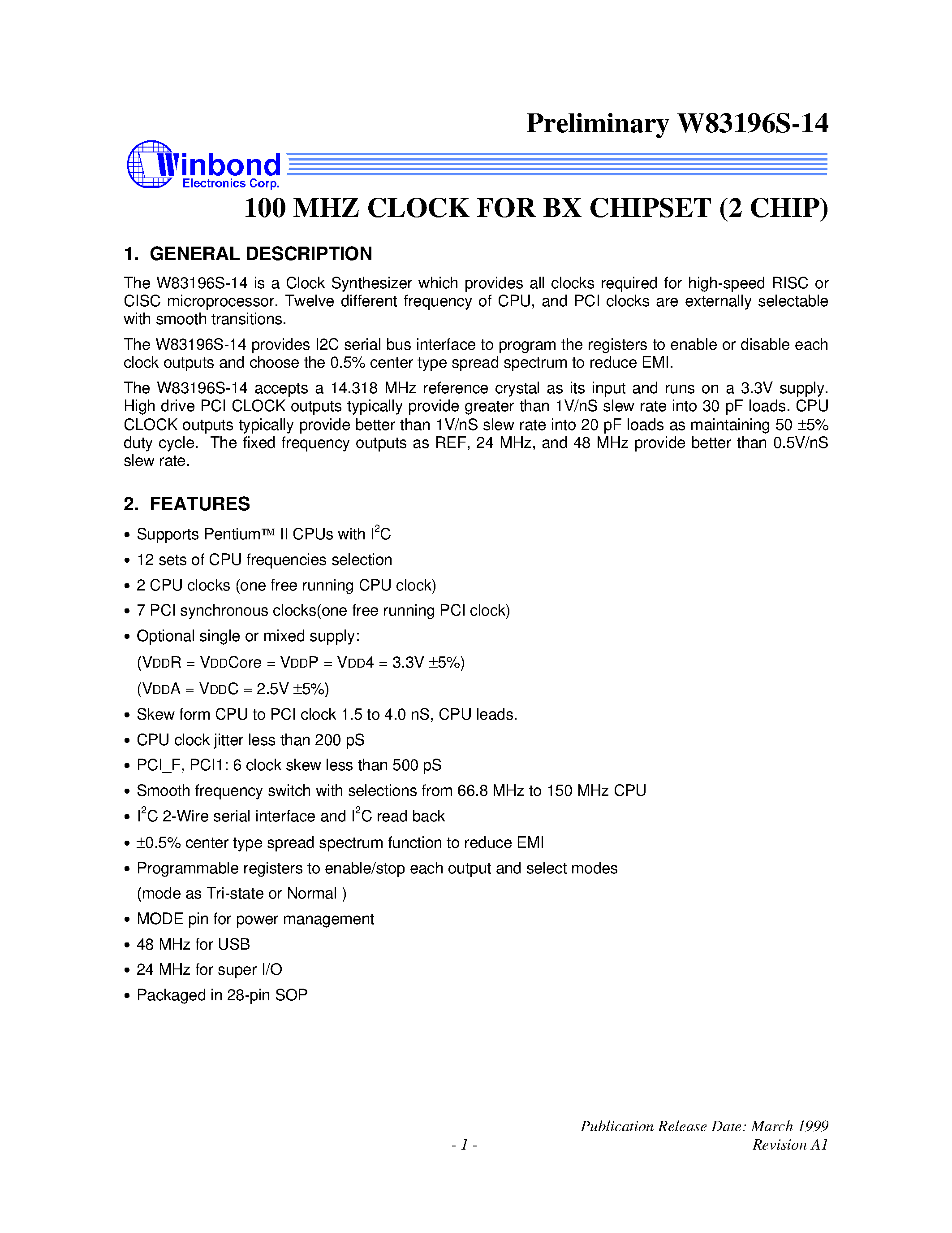 Datasheet W83196S-14 - 100 MHZ CLOCK FOR BX CHIPSET (2 CHIP) page 1