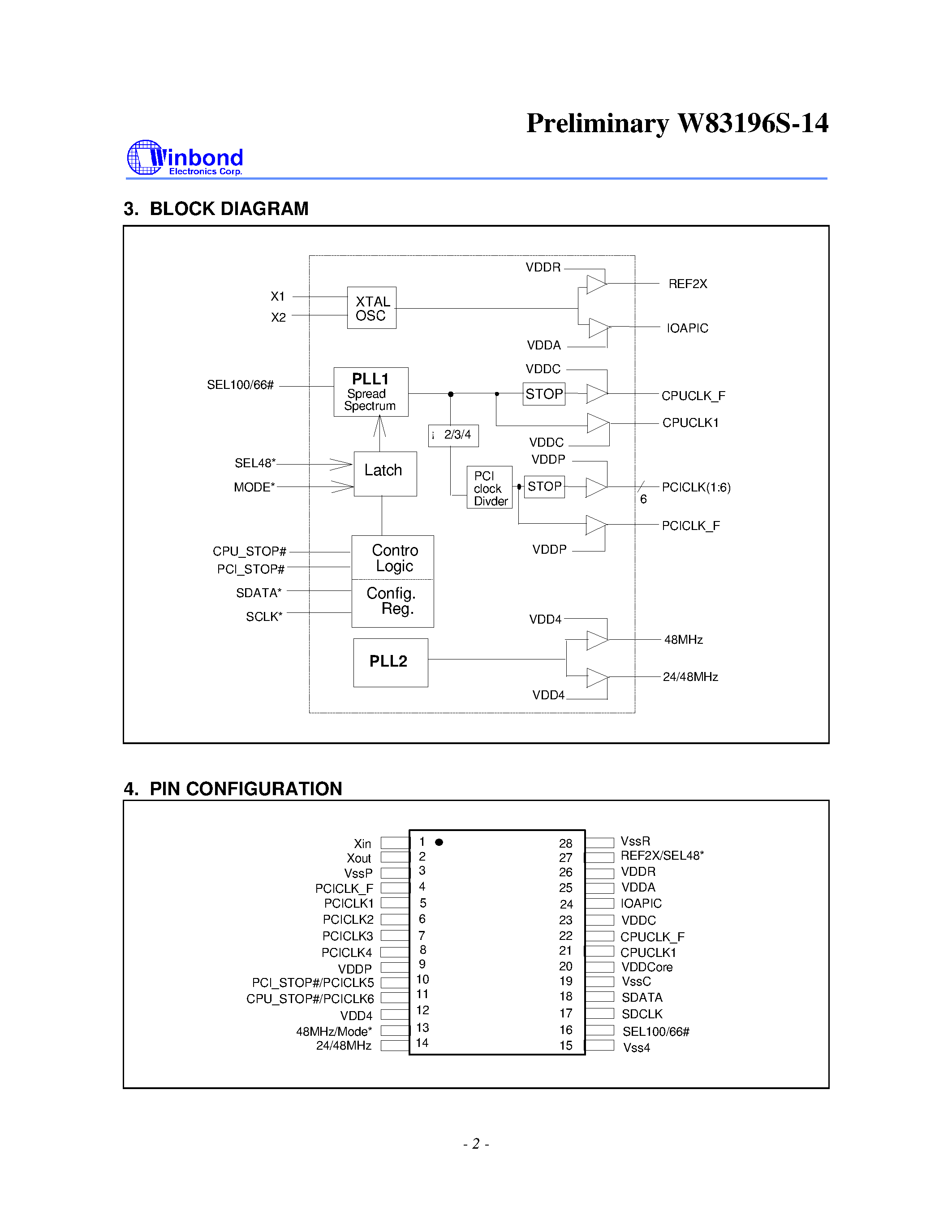 Datasheet W83196S-14 - 100 MHZ CLOCK FOR BX CHIPSET (2 CHIP) page 2