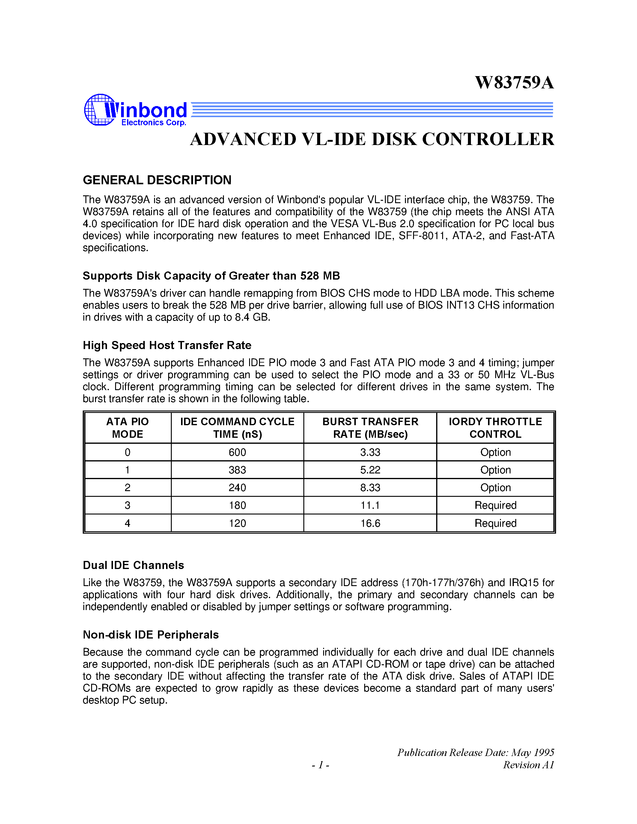 Datasheet W83759A - ADVANCED VL-IDE DISK CONTROLLER page 1