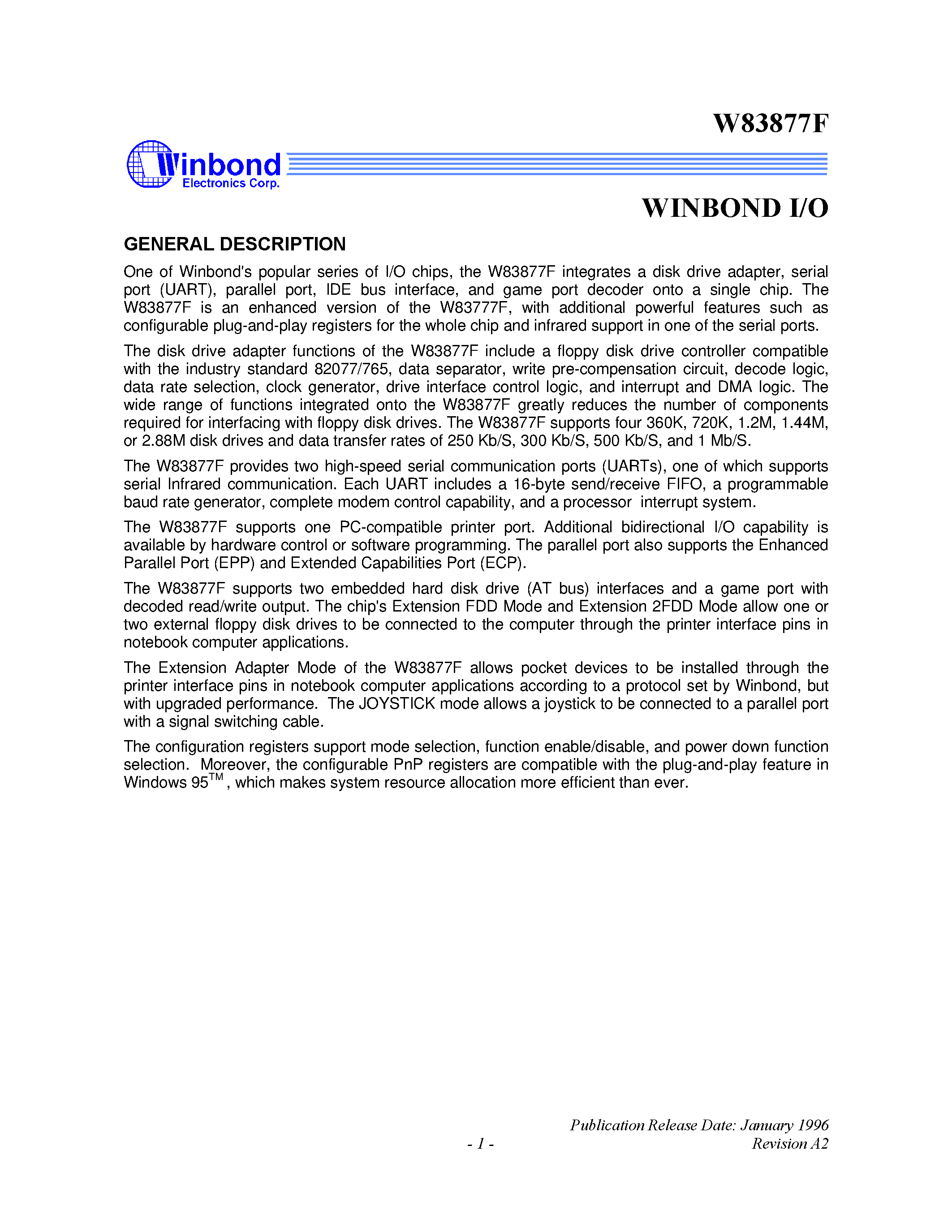 Даташит W83877 - WINBOND I/O страница 1