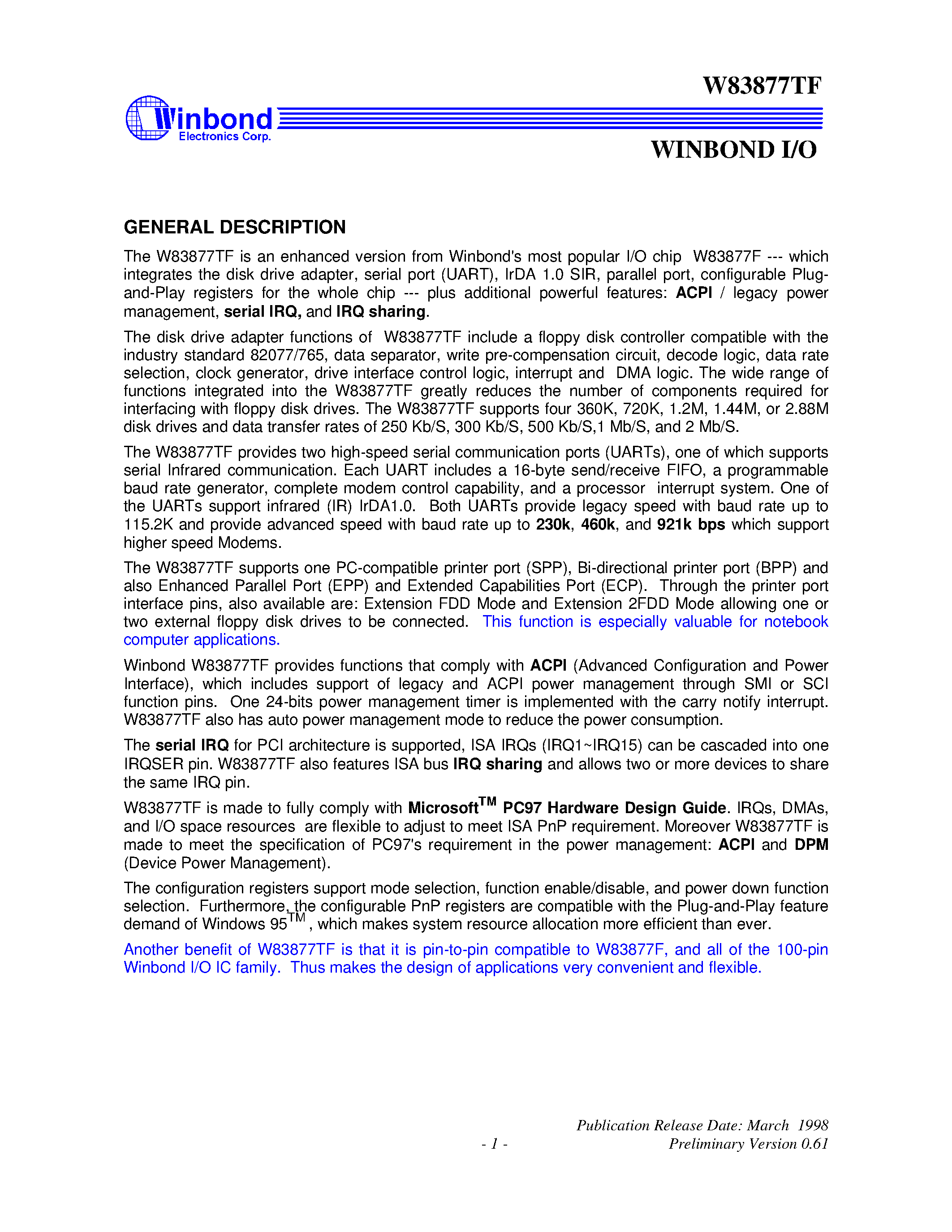 Datasheet W83877TD page 2 Datasheet W83877TD - I/O chip disk drive adapter page 2