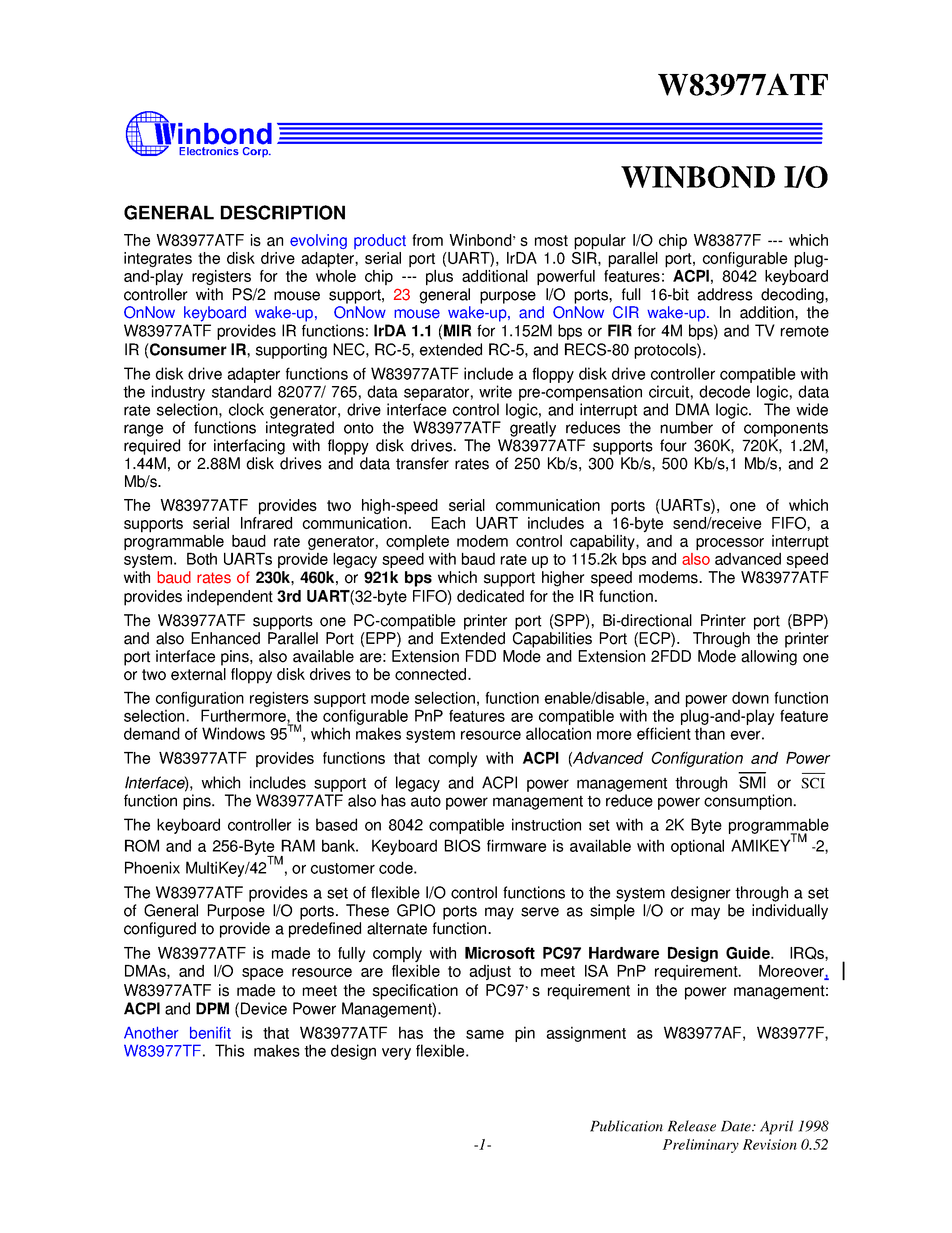 Даташит W83977A - WINBOND I/O страница 2