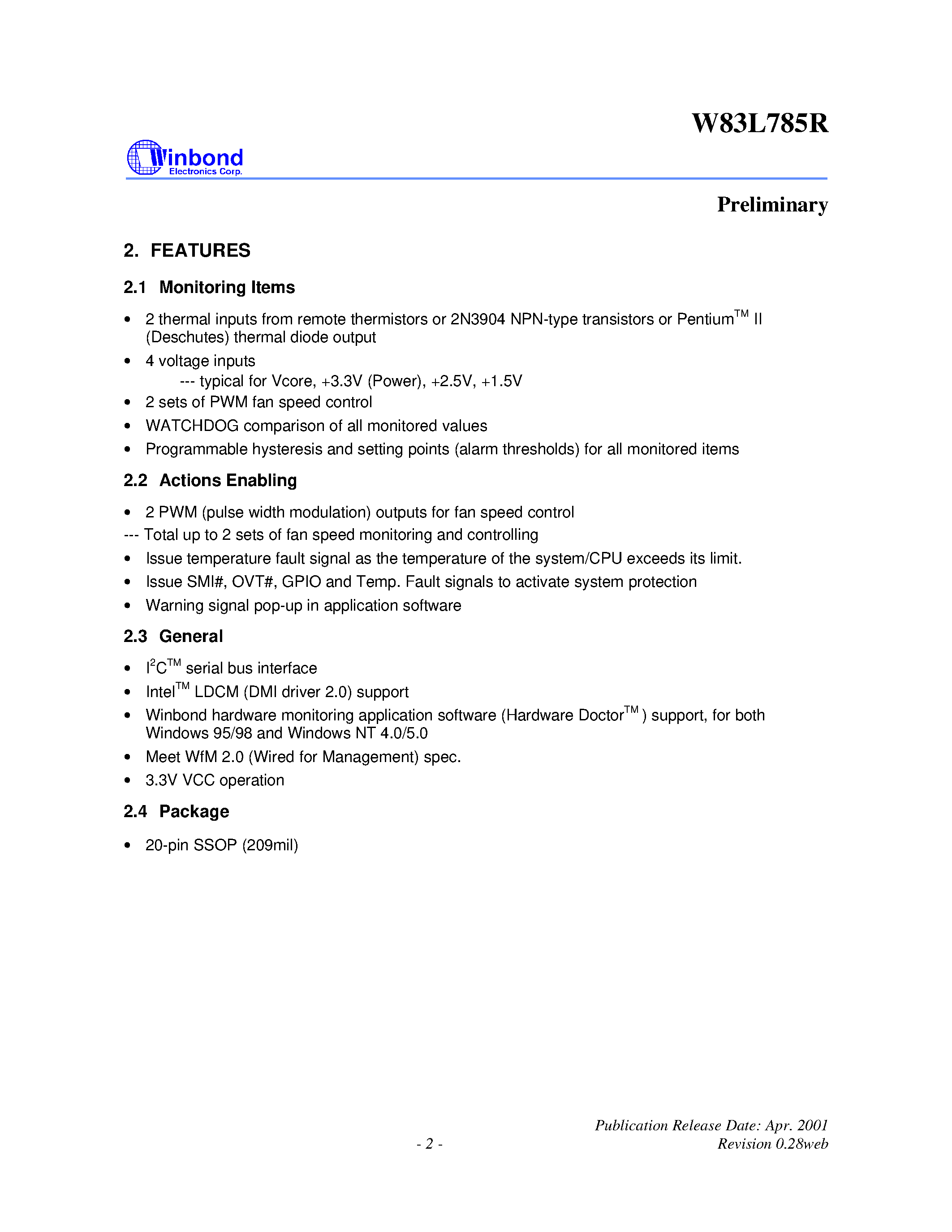 Даташит W83L785R - WINBOND H/W MONITORING IC FOR NOTEBOOK страница 2