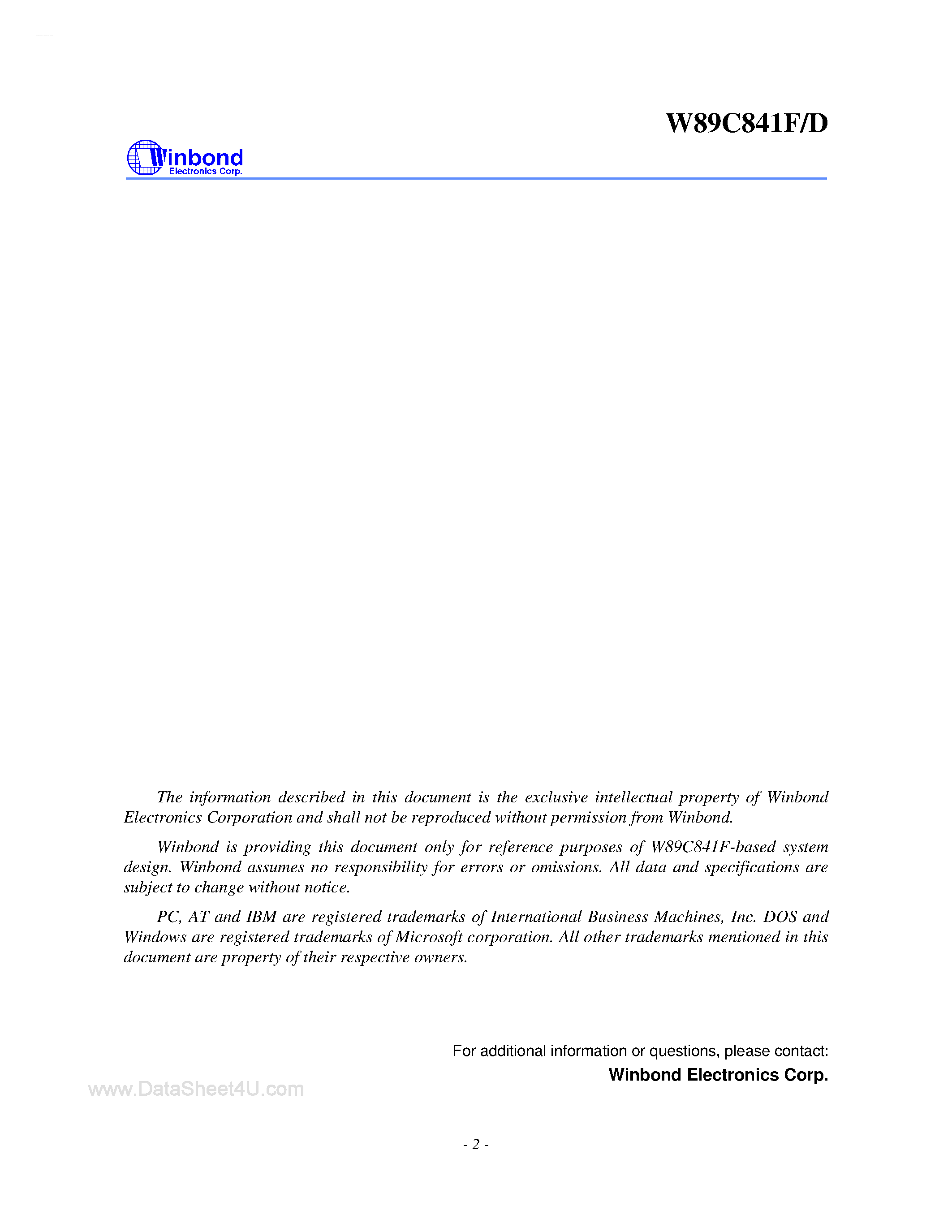 Даташит W89C841D - 3-IN - 1 10/100M FAST ETHERNET CONTROLLER страница 2