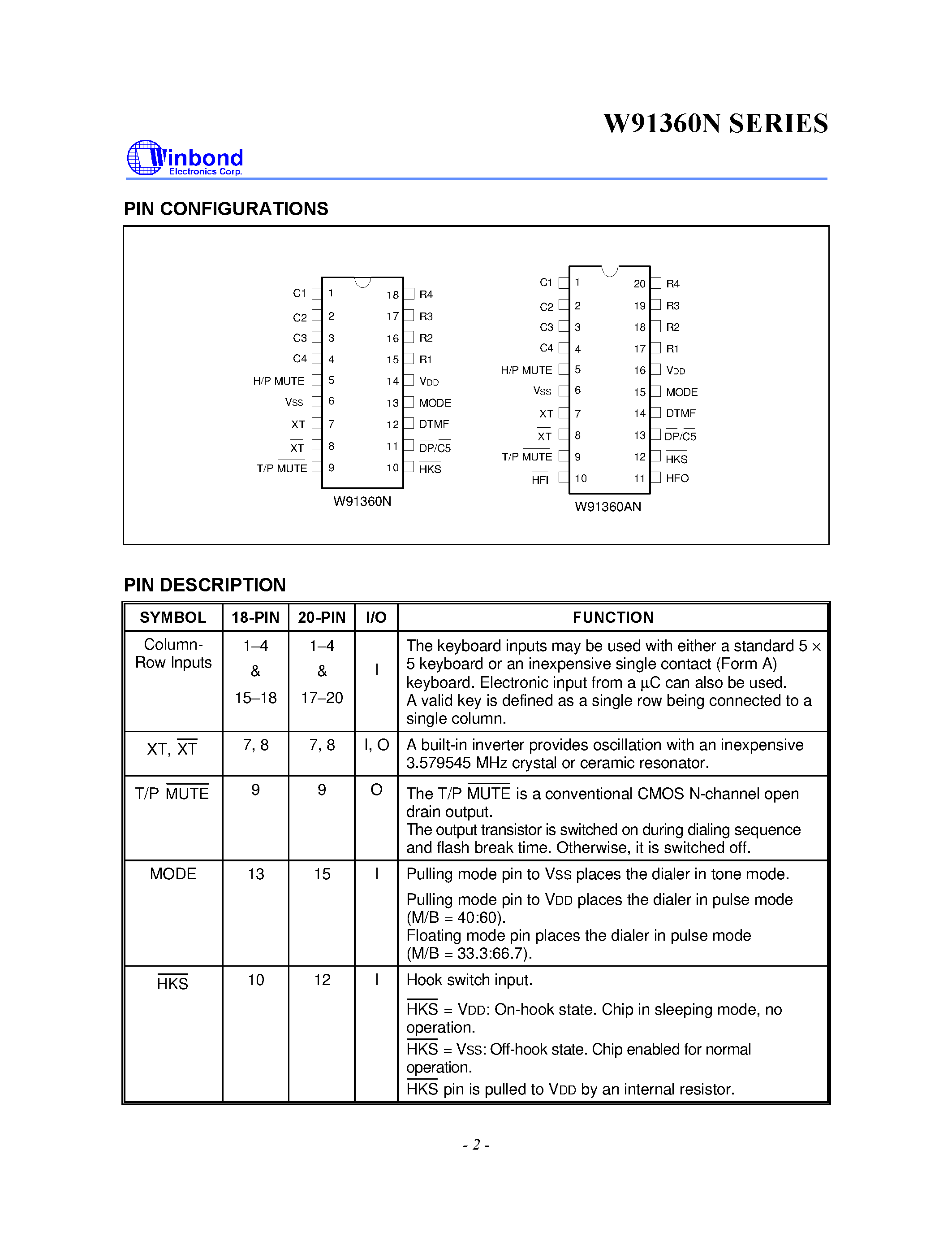 Datasheet W91360AN - 3-MEMORY TONE/PULSE DIALER WITH HANDFREE AND HOLD FUNCTION page 2