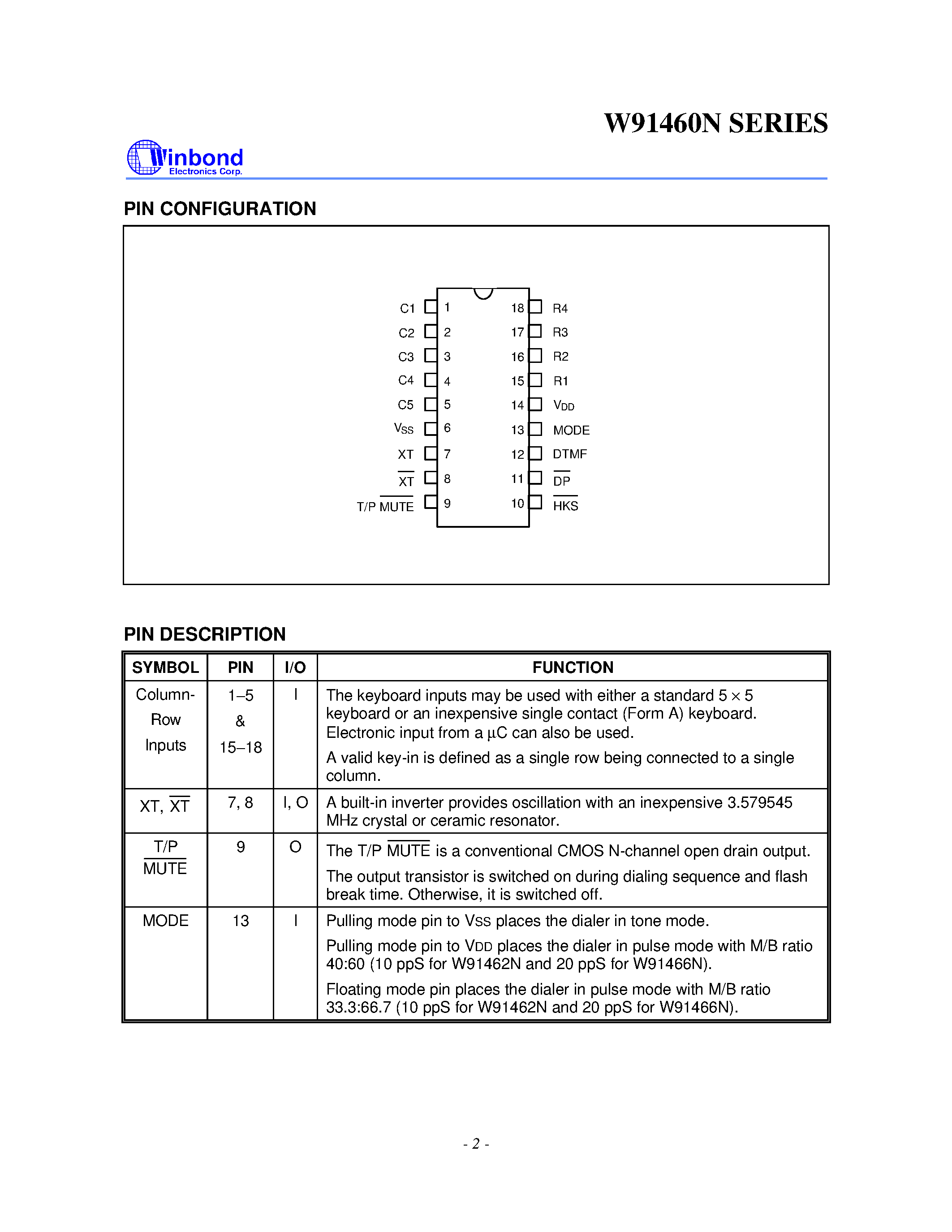 Datasheet W91460N - 3-MEMORY TONE/PULSE DIALER WITH SAVE FUNCTION page 2