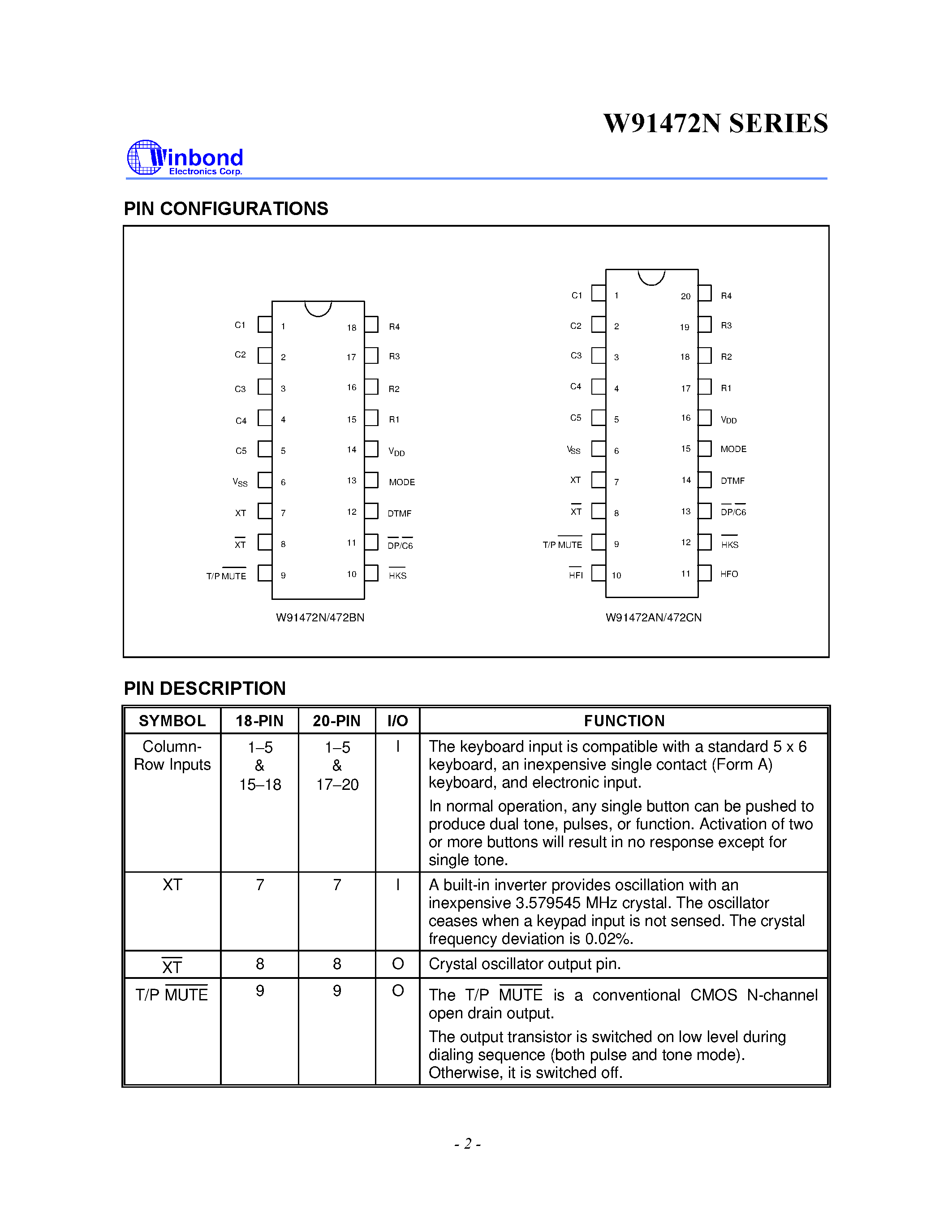 Даташит на микросхему W91472BN страница 2 Даташит W91472BN - 6-MEMORY TONE/PULSE DIALER WITH SAVE AND HANDFREE FUNCTION страница 2