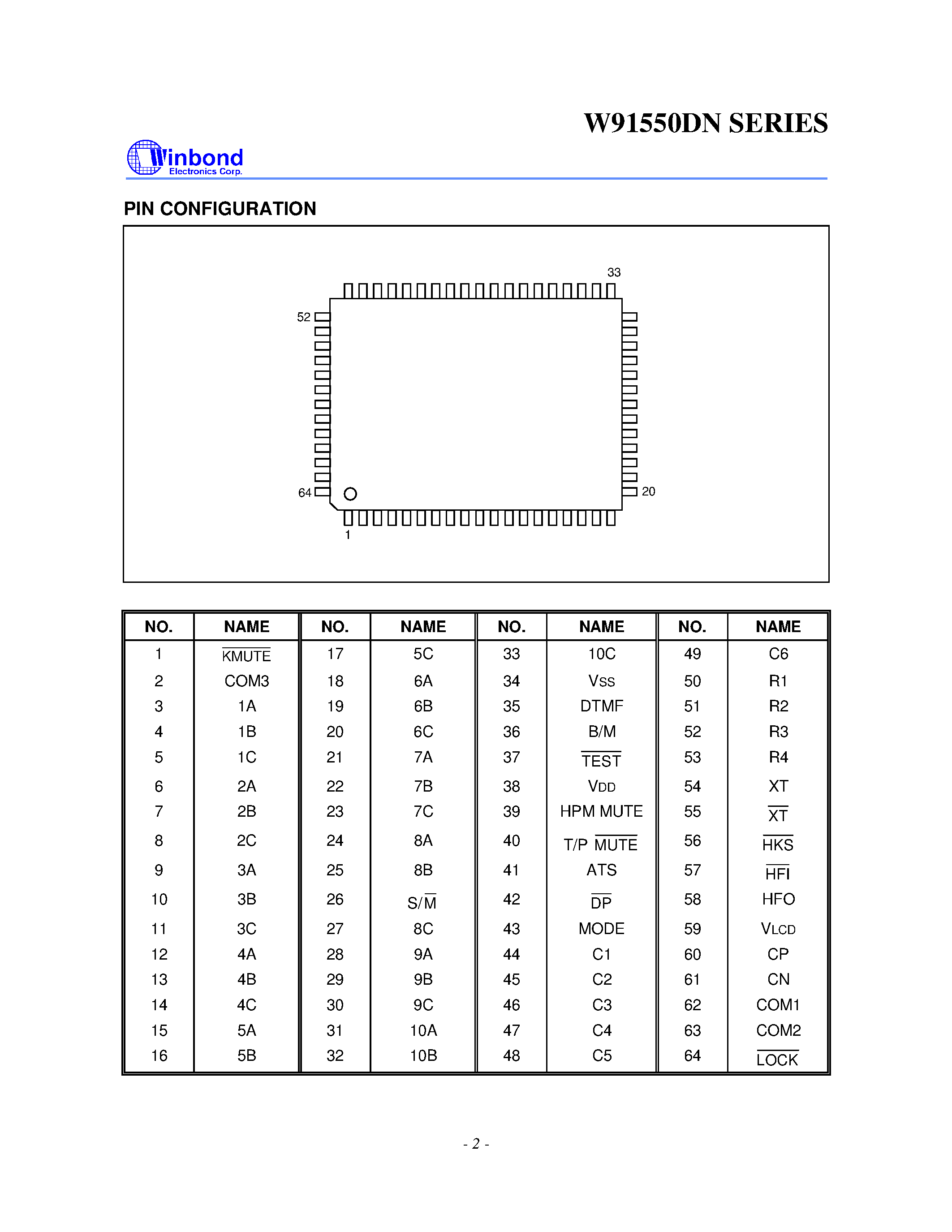 Даташит W91550DNH-1 - 13-MEMORY TONE/PULSE DIALER WITH LCD AND LOCK FUNCTION страница 2