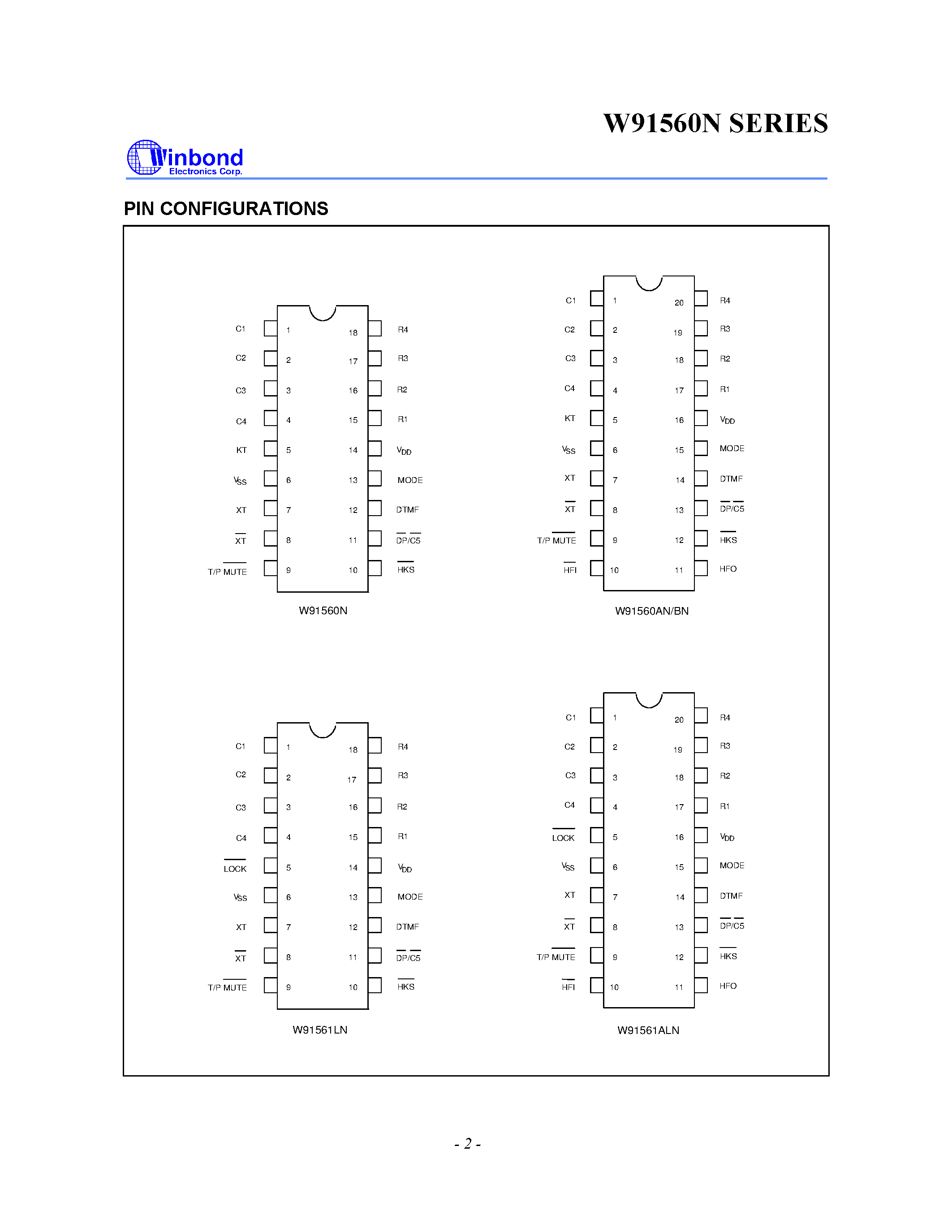 Datasheet W91560BN - 3-MEMORY TONE/PULSE DIALER WITH SAVE/ KEYTONE/ LOCK AND HANDFREE FUNCTIONS page 2