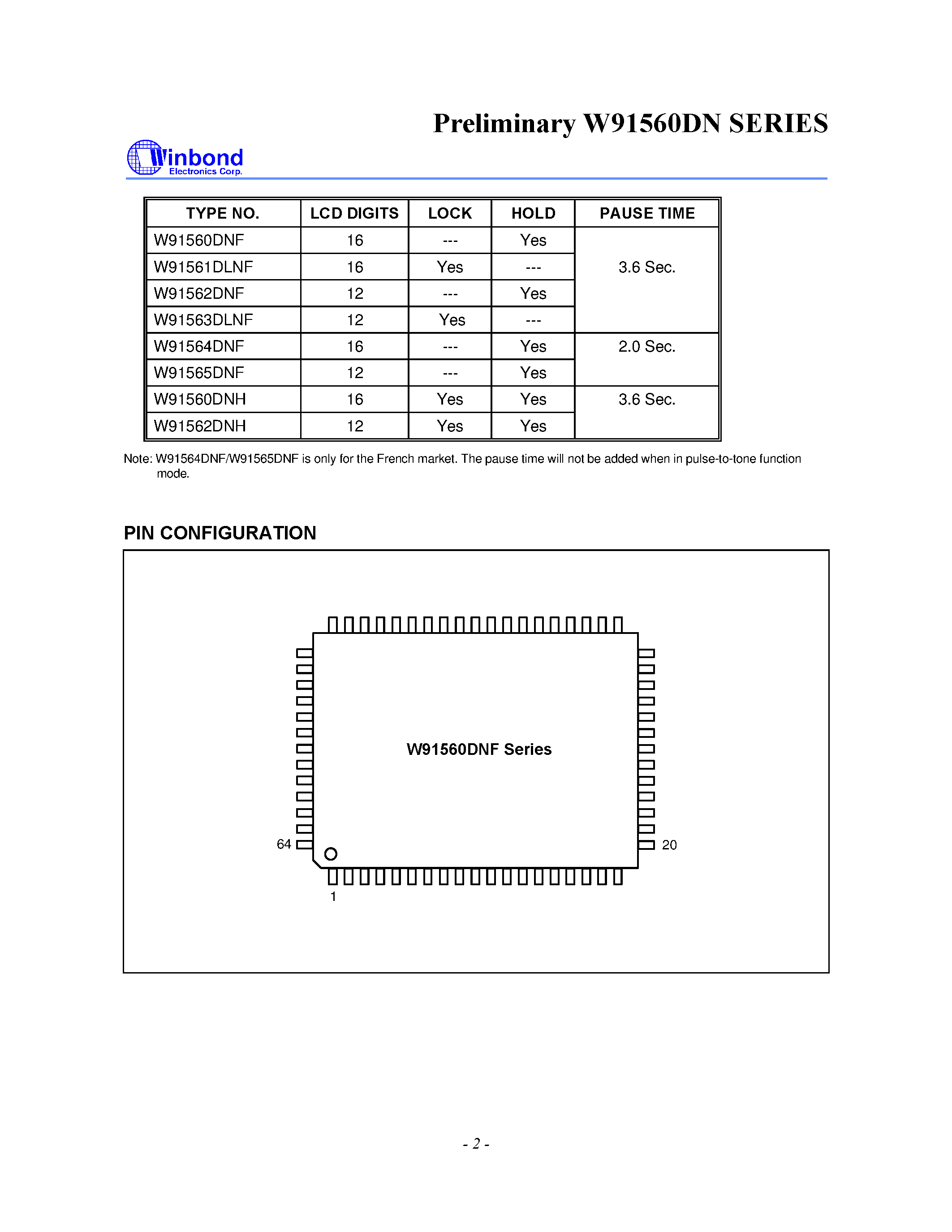 Datasheet W91562DNF - 3-MEMORY TONE/PULSE DIALER WITH RTC AND LCD DISPALY FUNCTIONS page 2