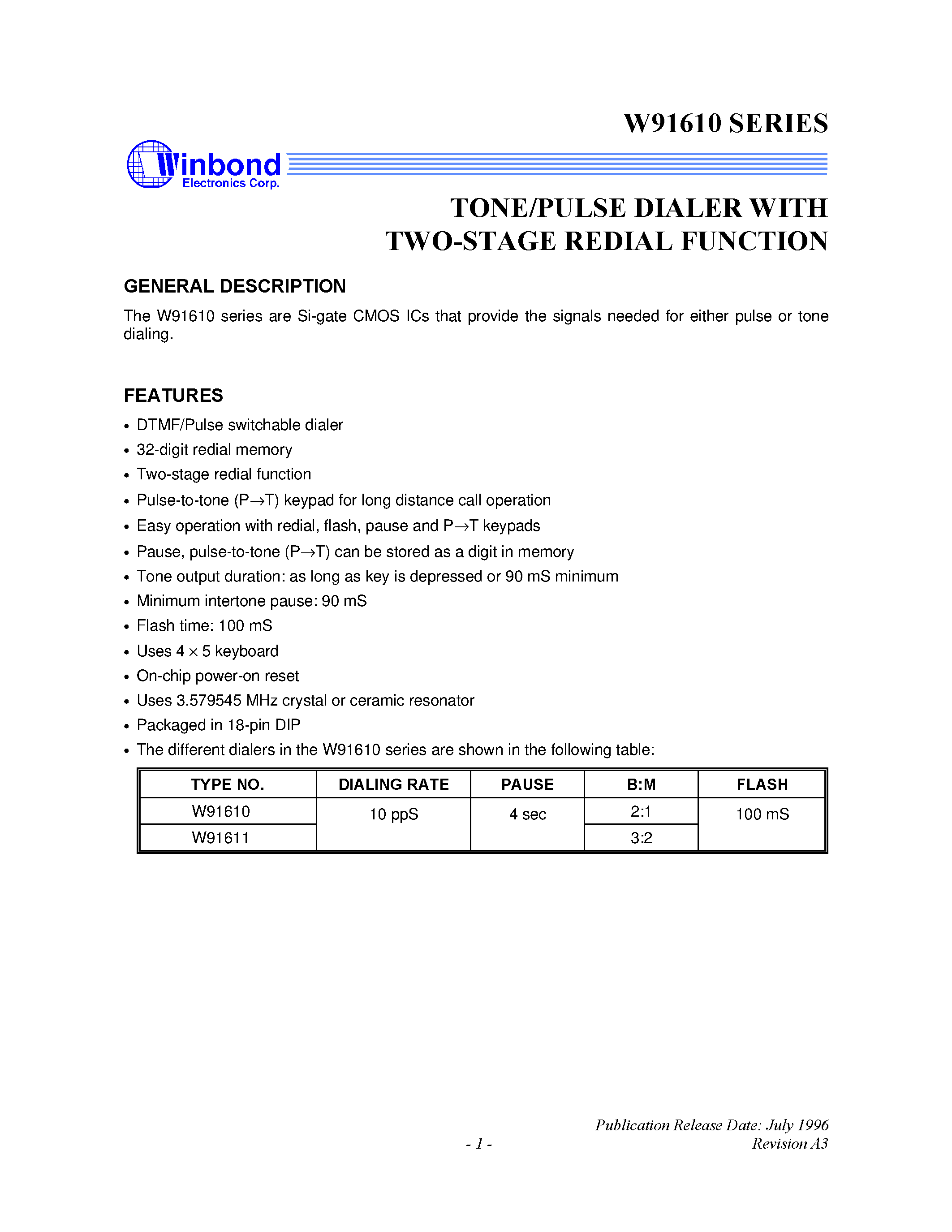 Datasheet W91611 - TONE/PULSE DIALER WITH TWO-STAGE REDIAL FUNCTION page 1