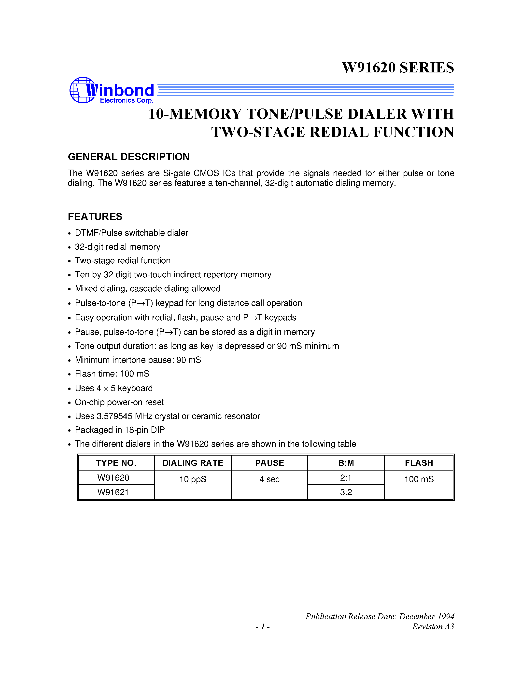 Datasheet W91621 - 10-MEMORY TONE/PULSE DIALER WITH TWO-STAGE REDIAL FUNCTION page 1
