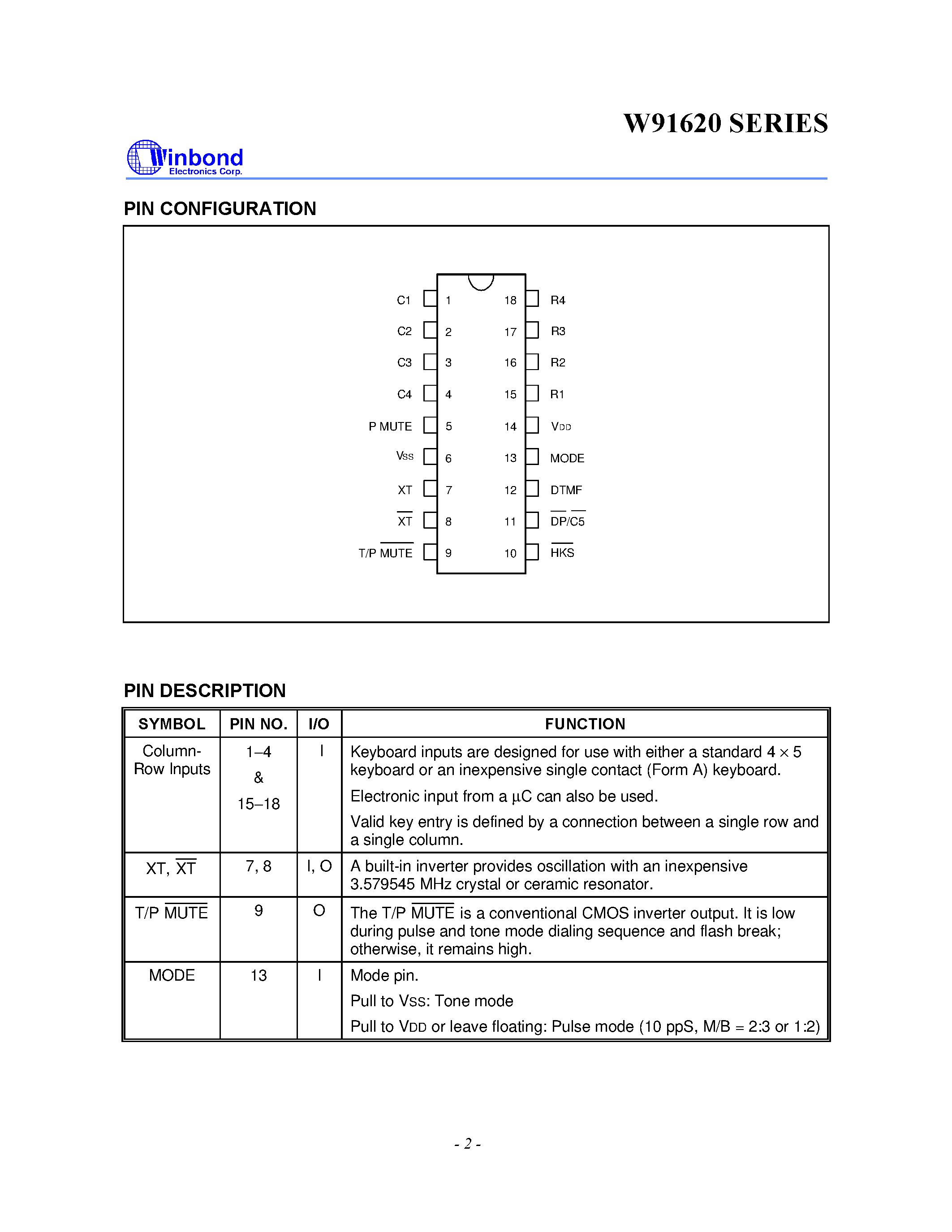 Datasheet W91621 - 10-MEMORY TONE/PULSE DIALER WITH TWO-STAGE REDIAL FUNCTION page 2