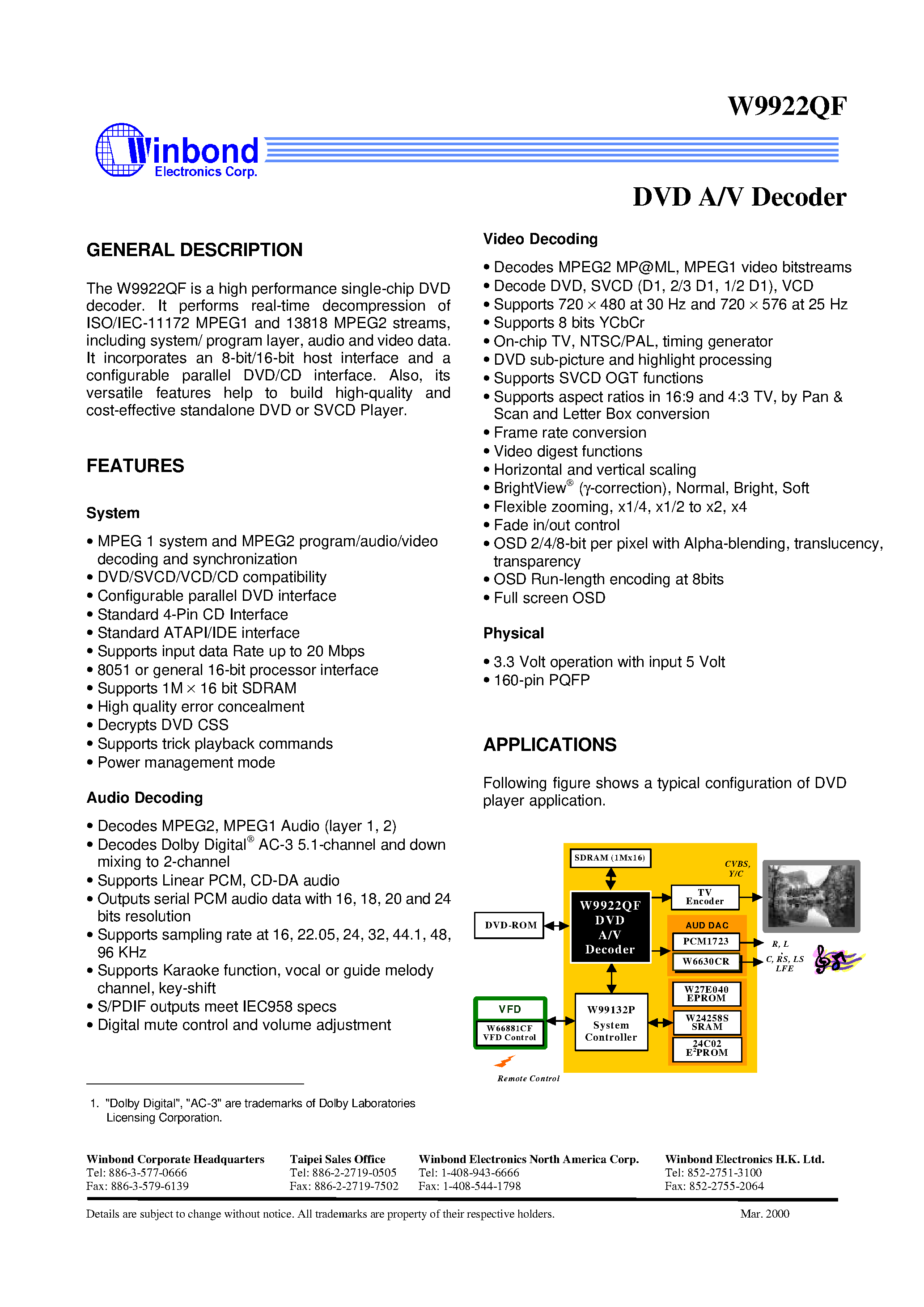 Datasheet W9922 - DVD A/V Decoder page 1