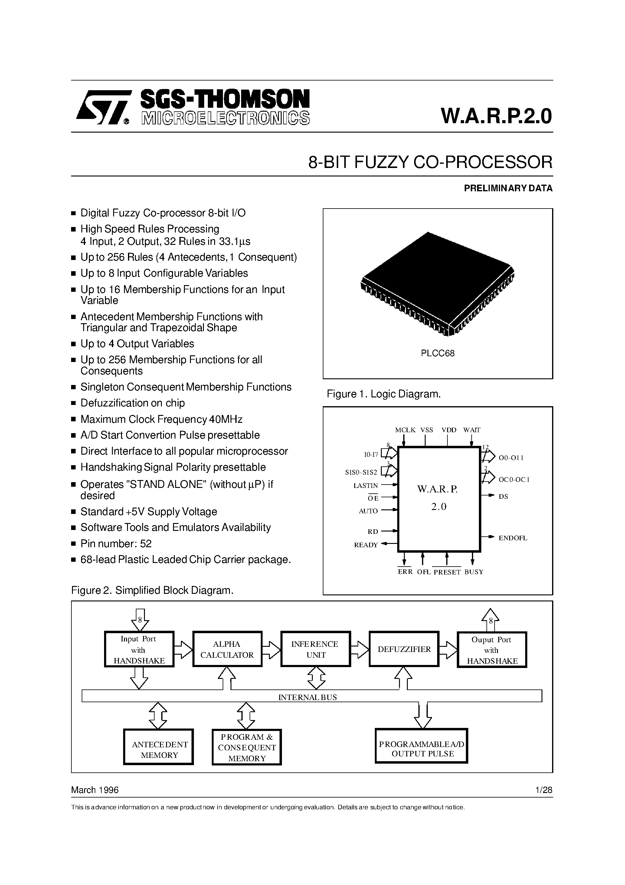Datasheet WARP20 page 1 Datasheet WARP20 - 8-BIT FUZZY CO-PROCESSOR page 1