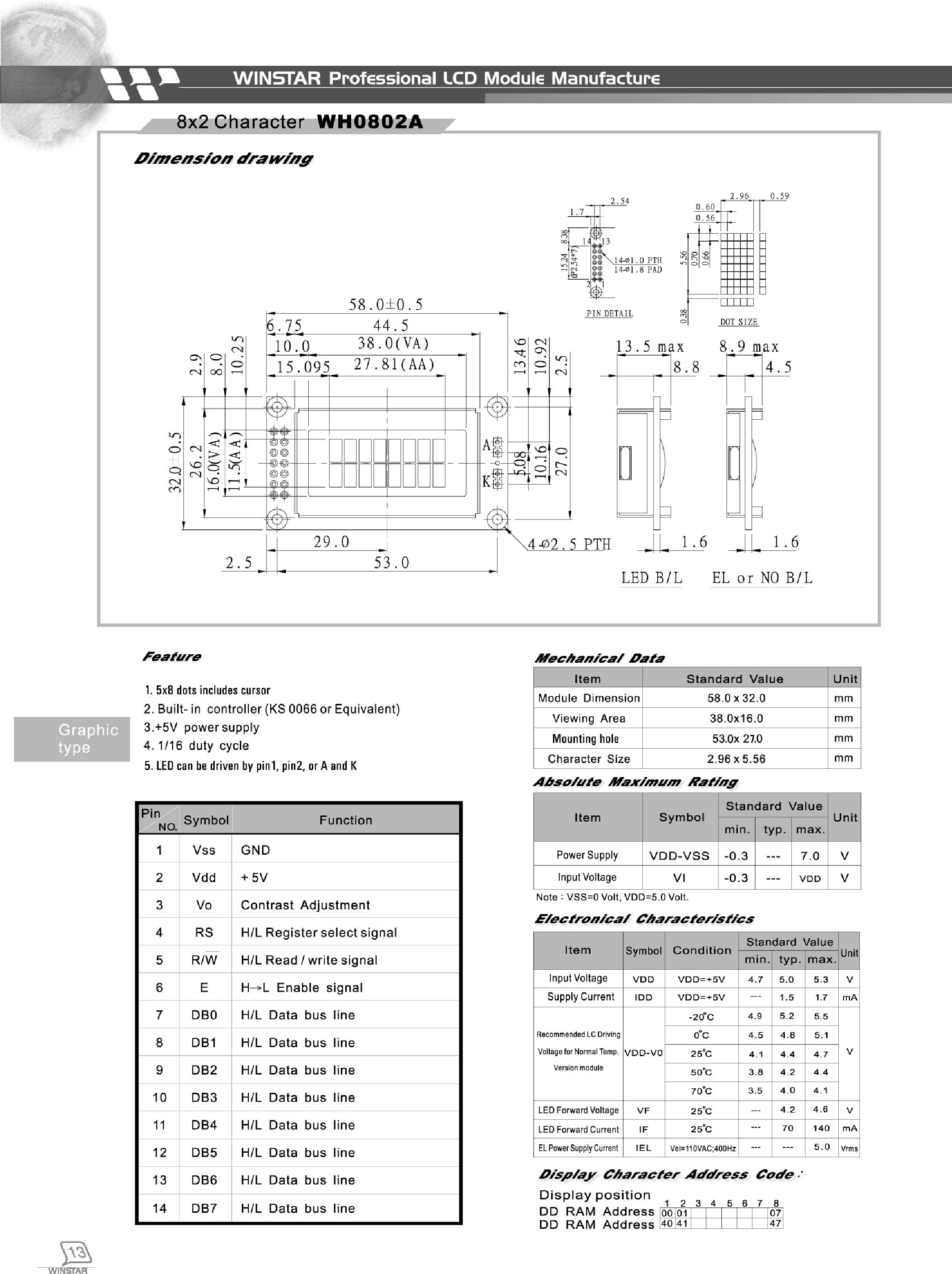Datasheet WH0802A page 1 Datasheet WH0802A - 8 X 2 CHARACTER page 1