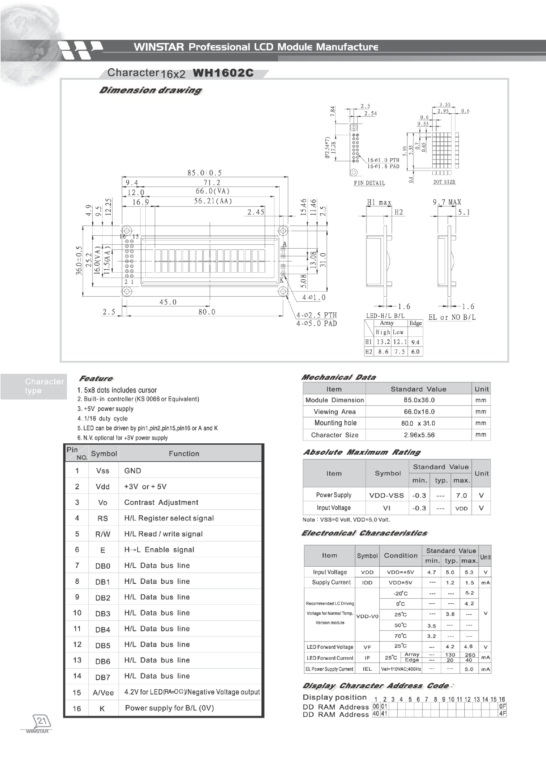 Datasheet WH1602C page 1 Datasheet WH1602C - CHARACTER 16 X 2 page 1