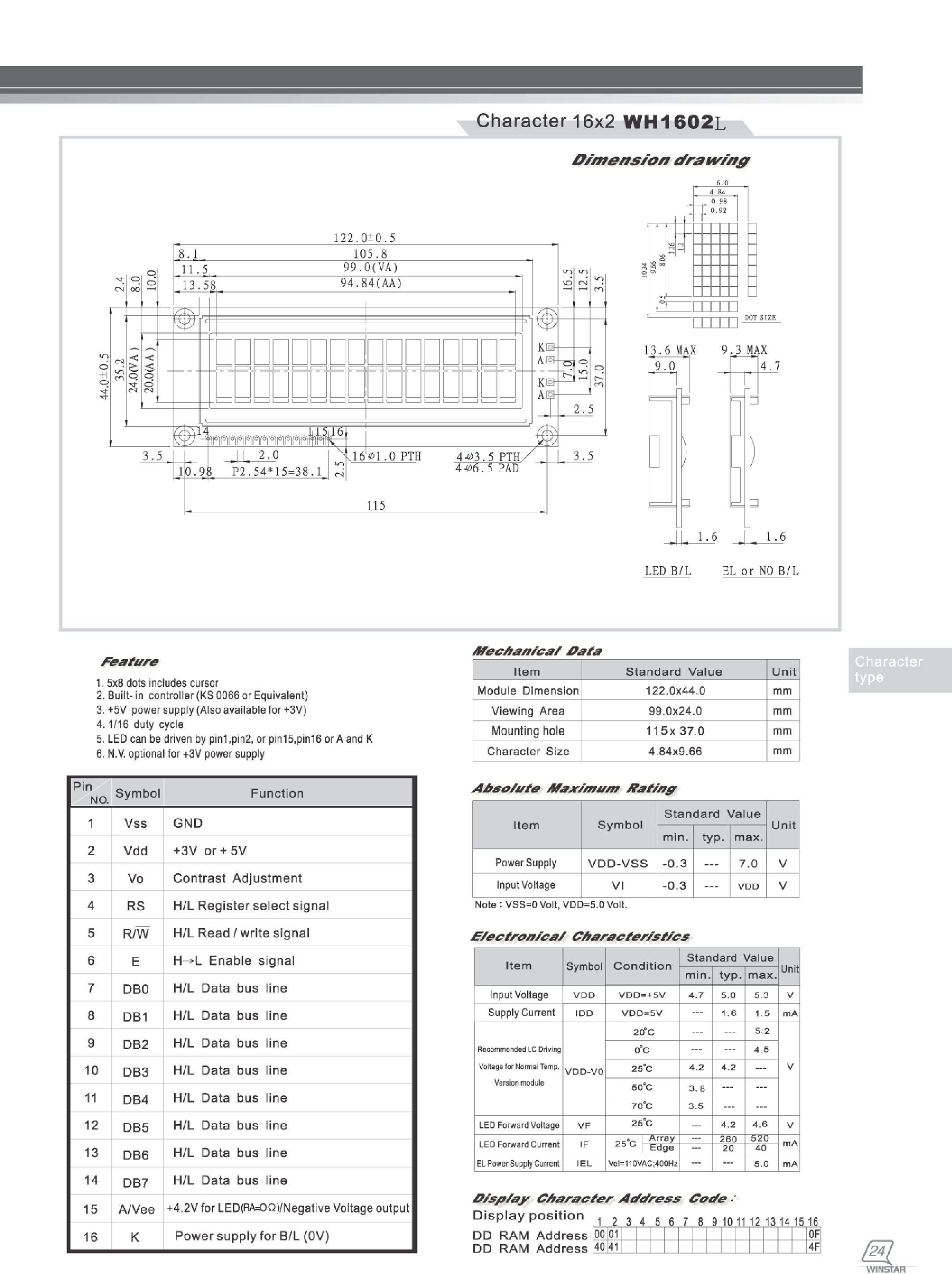 Datasheet WH1602L page 1 Datasheet WH1602L - CHARACTER 16 X 2 page 1
