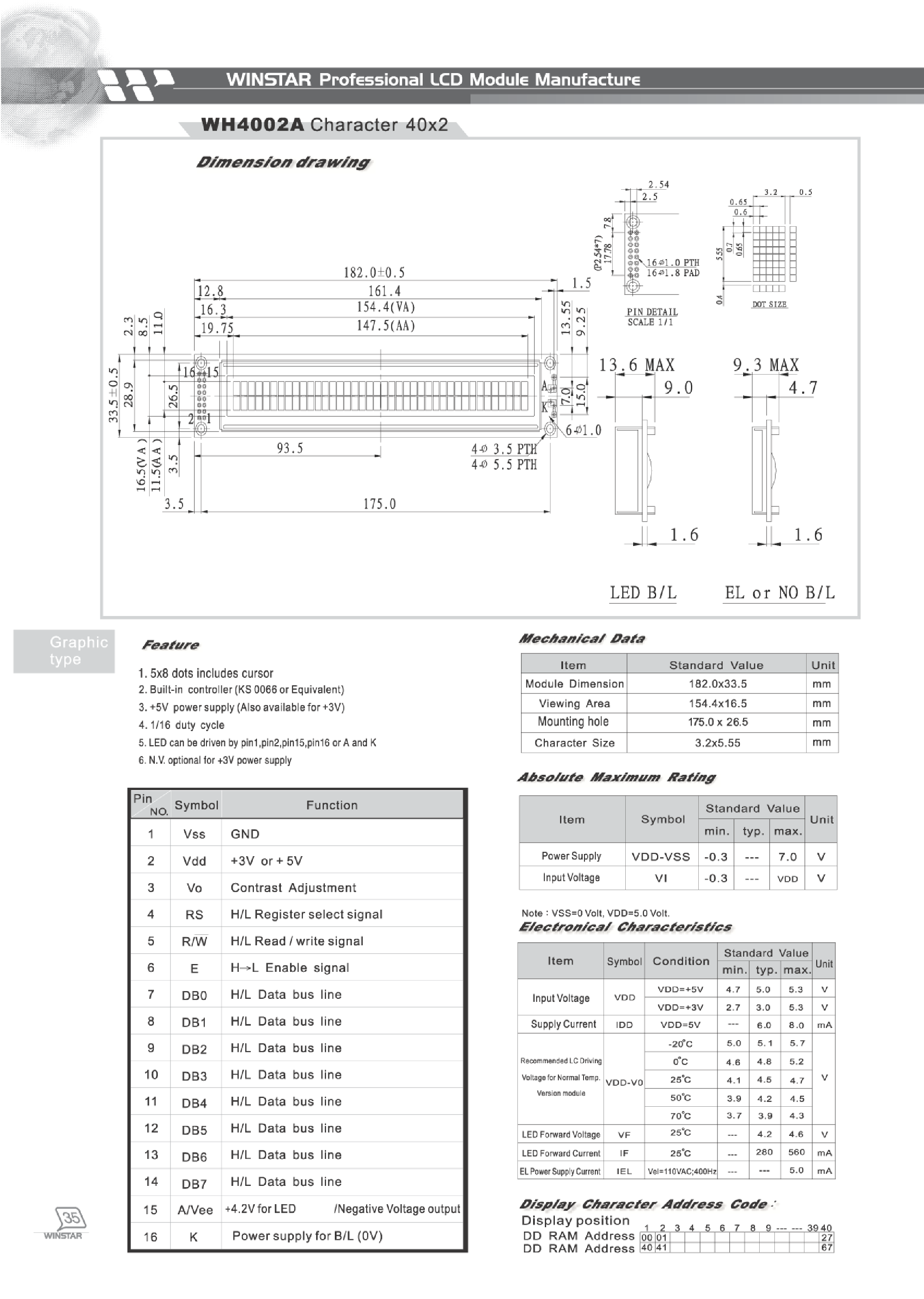 Datasheet WH4002 page 1 Datasheet WH4002 - LCD MODULE CHARACTER 40 X 2 page 1