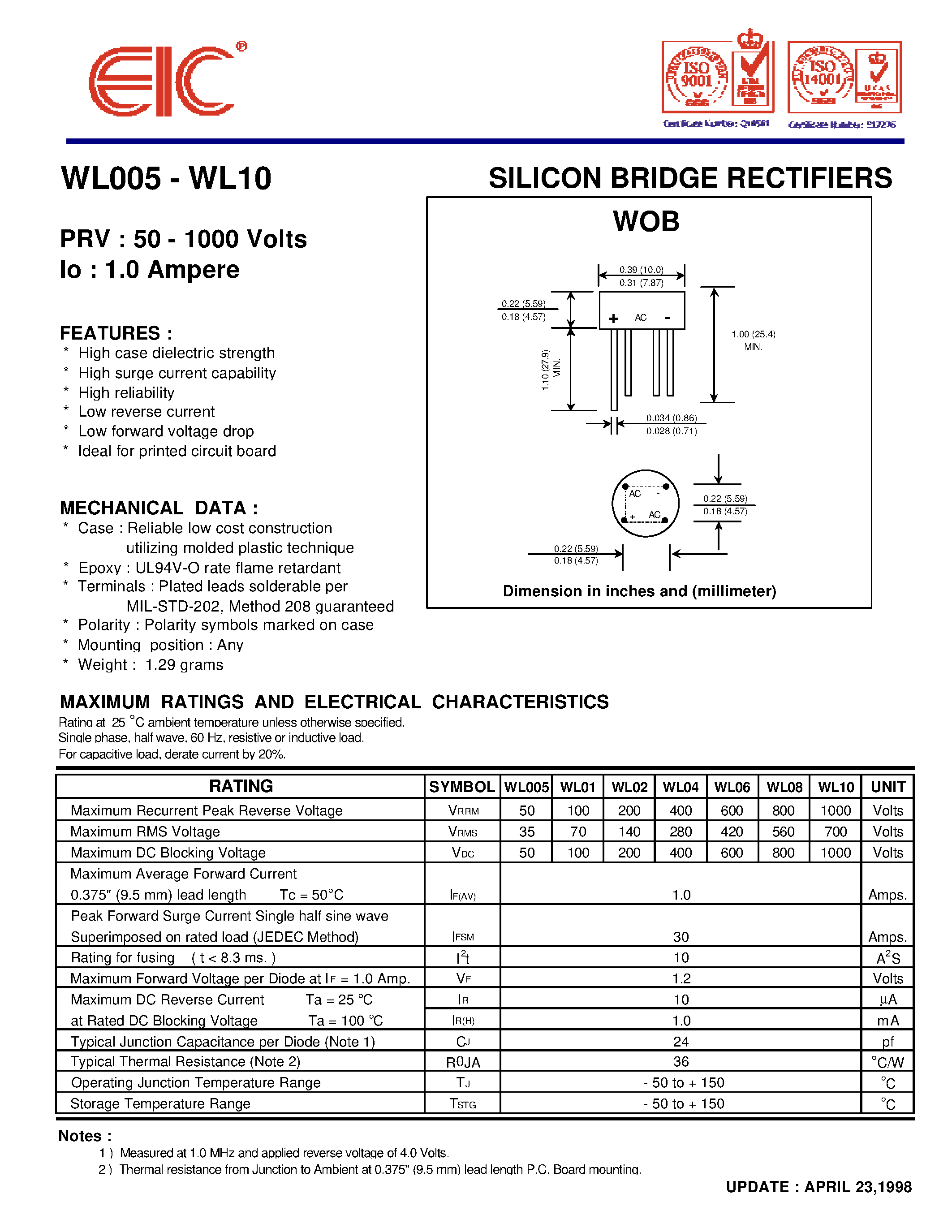 Datasheet WL02 page 1 Datasheet WL02 - SILICON BRIDGE RECTIFIERS page 1