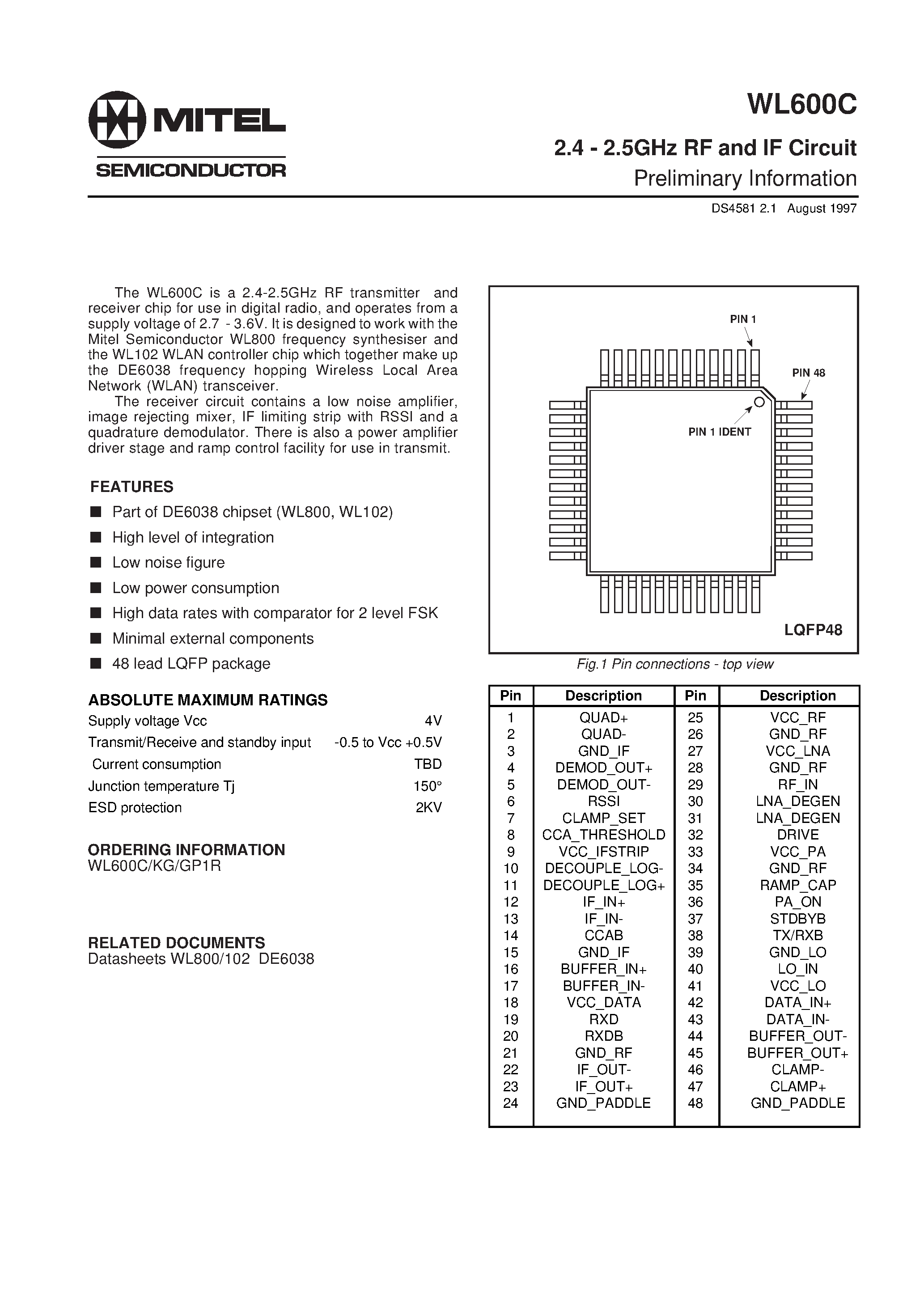 Даташит WL600C - 2.4 - 2.5GHz RF and IF Circuit страница 1