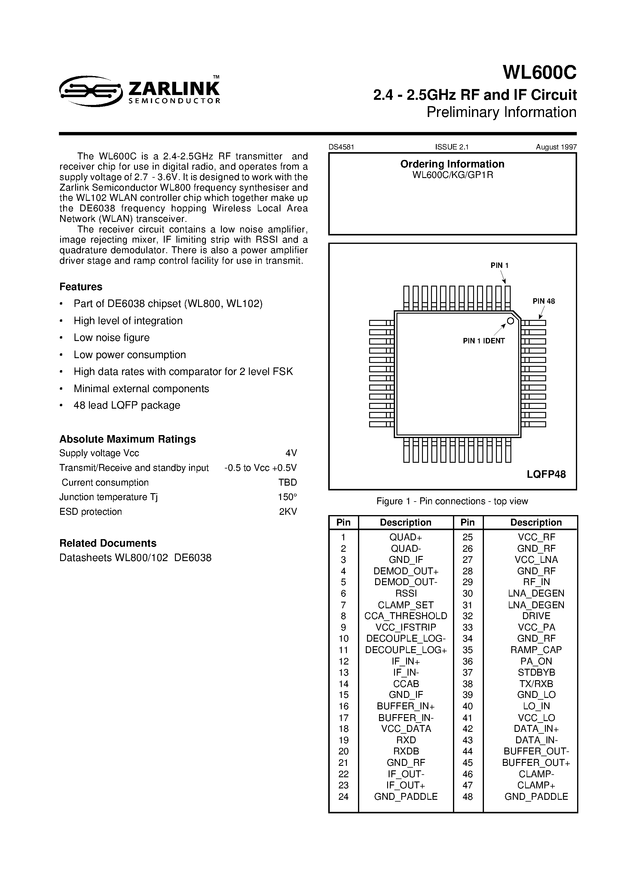 Даташит WL600GP1R - 2.4 - 2.5GHz RF and IF Circuit страница 2