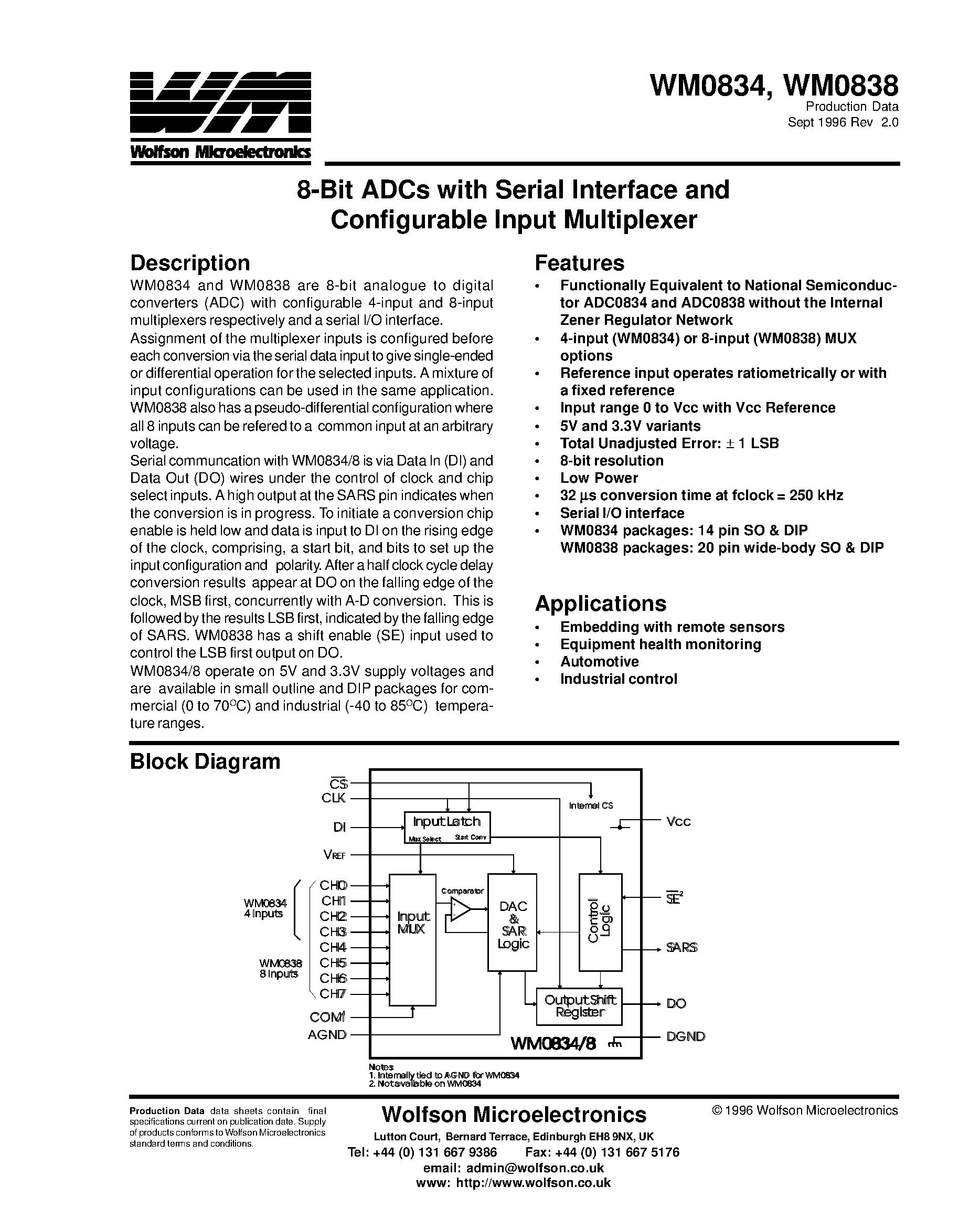 Даташит на микросхему WM0838 страница 1 Даташит WM0838 - 8-Bit ADCs with Serial Interface and Configurable Input Multiplexer страница 1