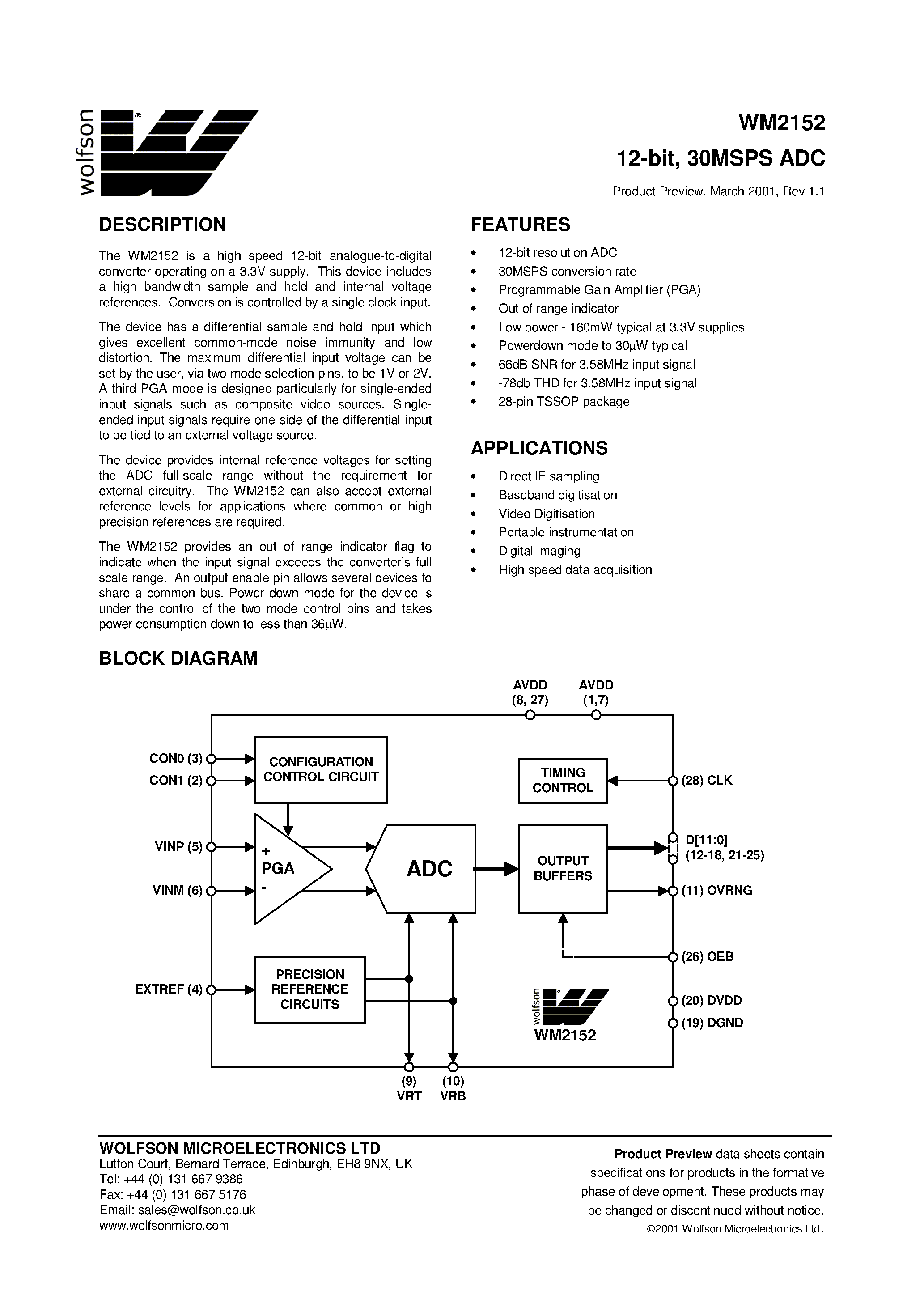Datasheet WM2152 - 12-bit/ 30MSOS ADC page 1
