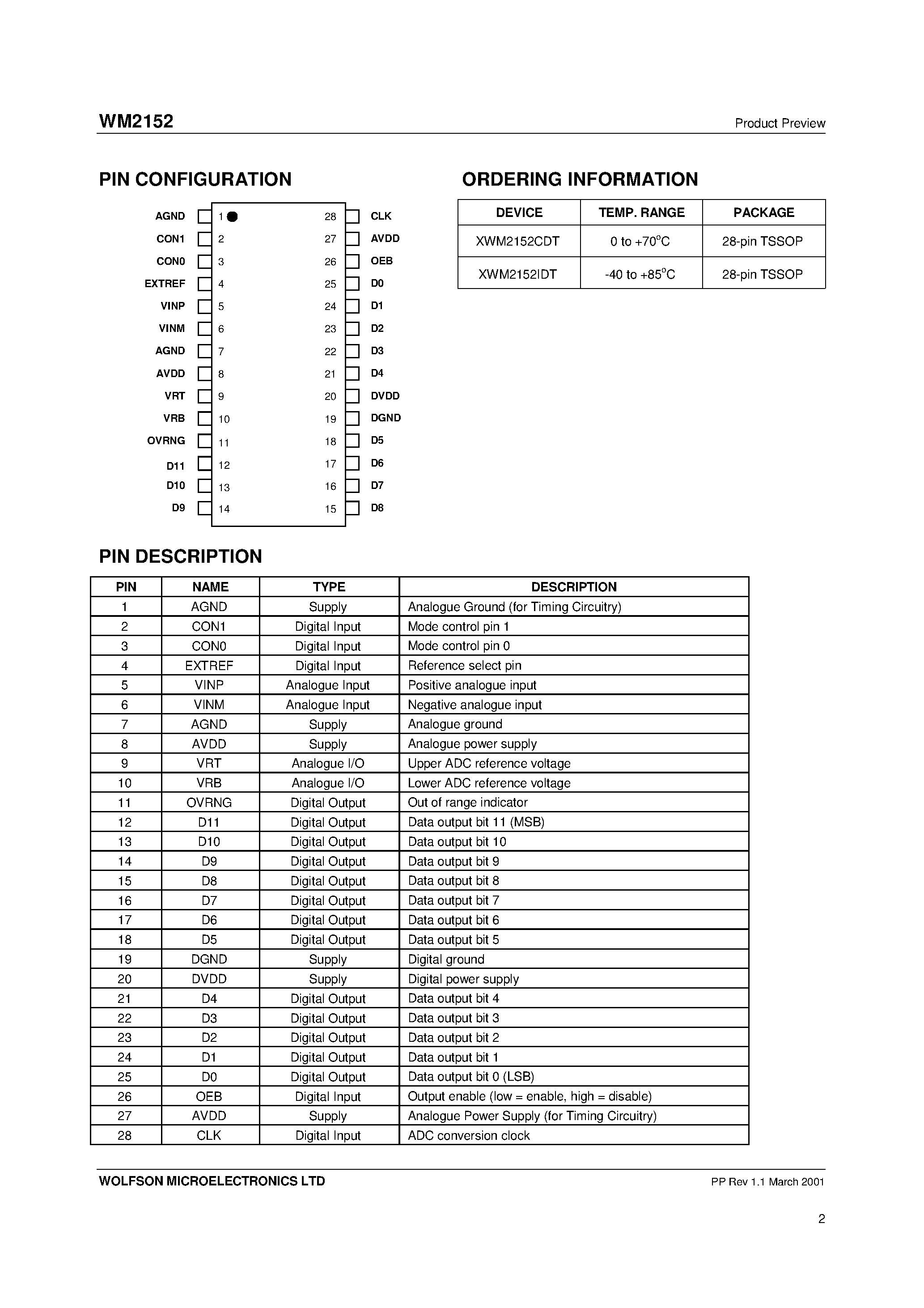 Datasheet WM2152 - 12-bit/ 30MSOS ADC page 2