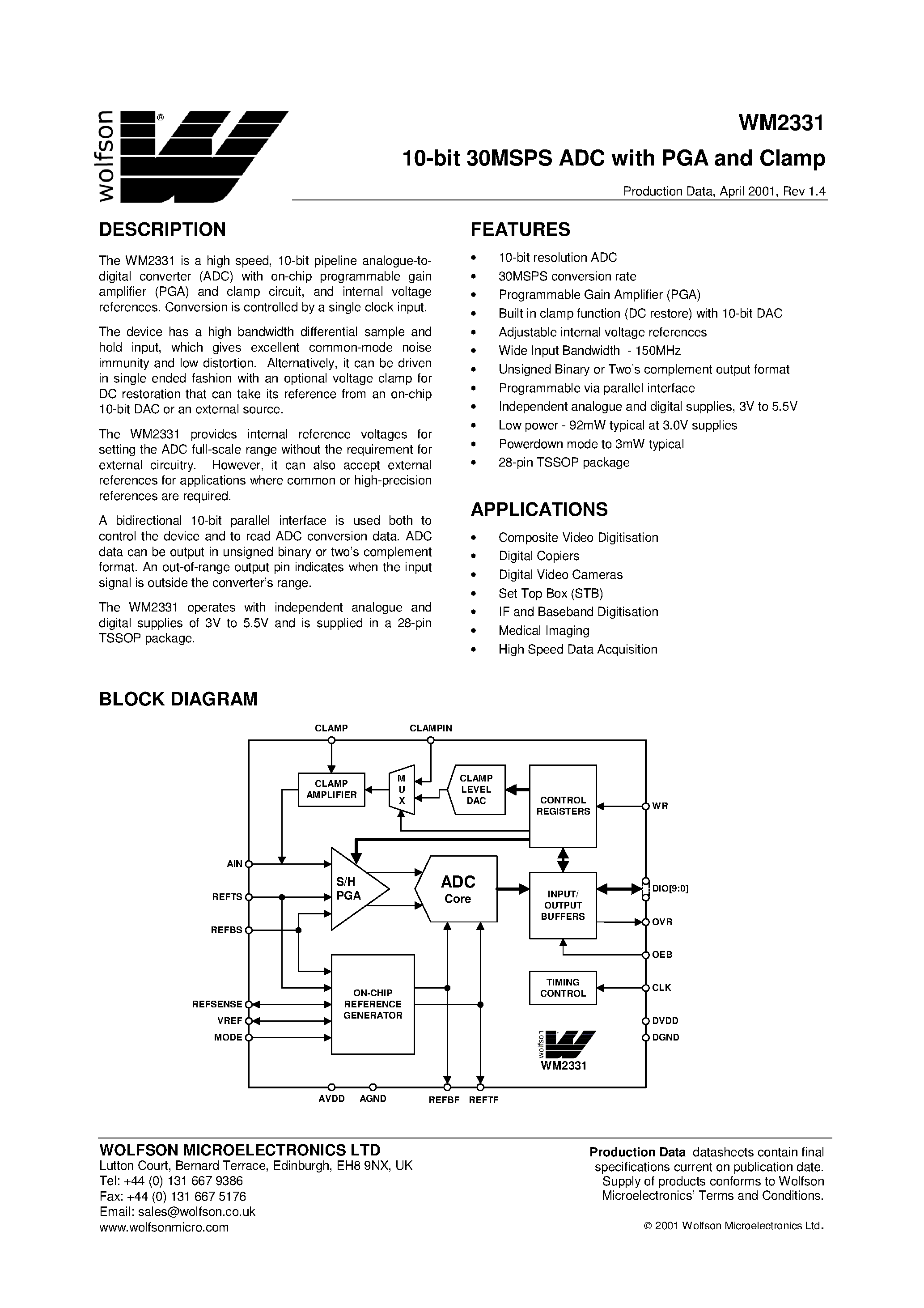 Datasheet WM2331 - 10-bit 30MSPS ADC with PGA and Clamp page 1