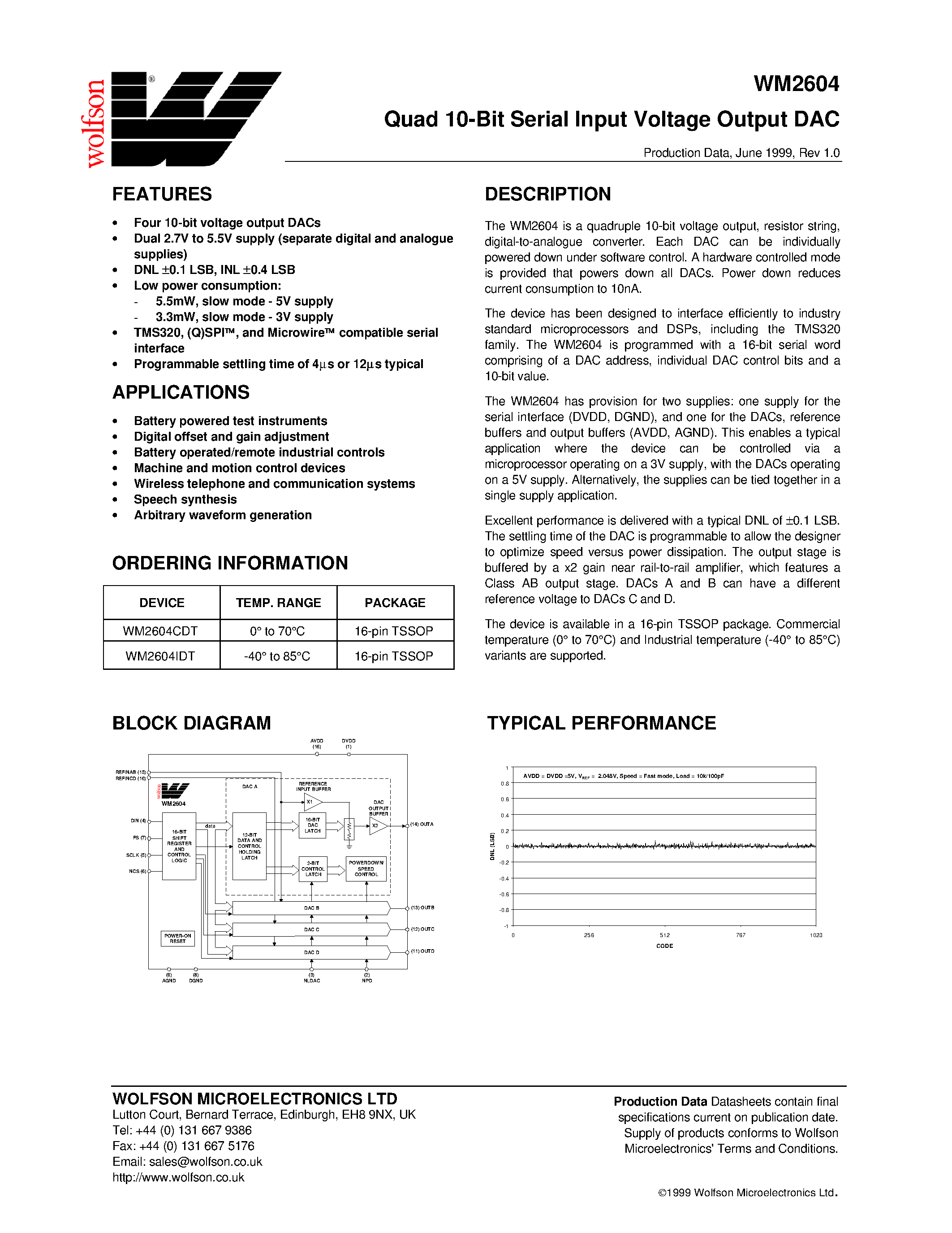 Datasheet WM2604 - Quad 10-Bit Serial Input Voltage Output DAC page 1