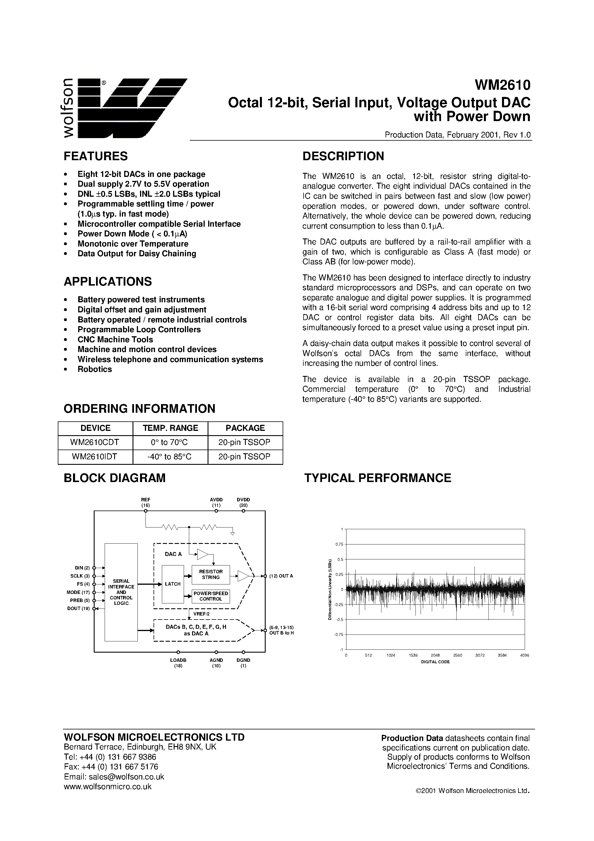 Datasheet WM2610 - Octal 12-bit/ Serial Input/ Voltage Output DAC with Power Down page 1