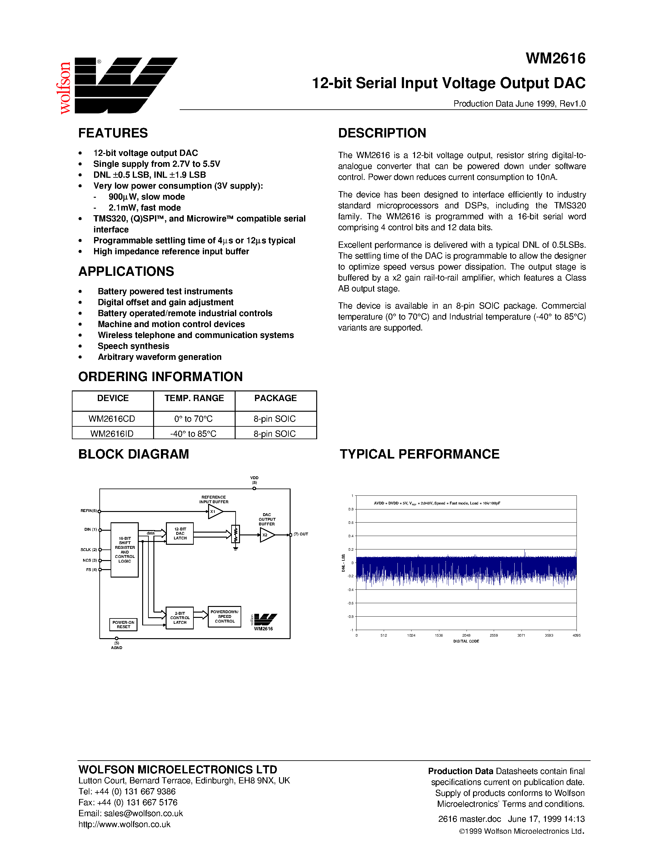 Datasheet WM2616 - 12-bit Serial Input Voltage Output DAC page 1