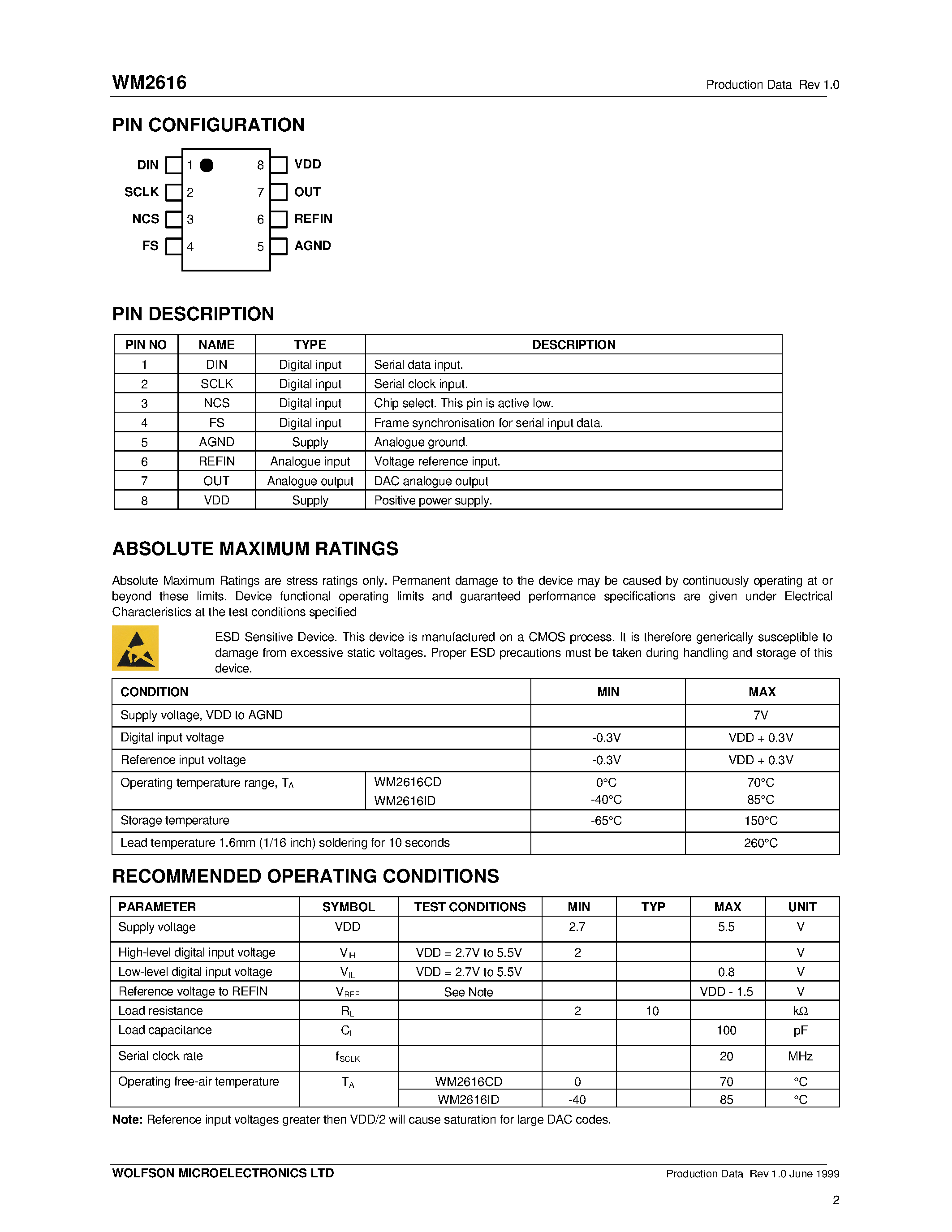 Datasheet WM2616 - 12-bit Serial Input Voltage Output DAC page 2