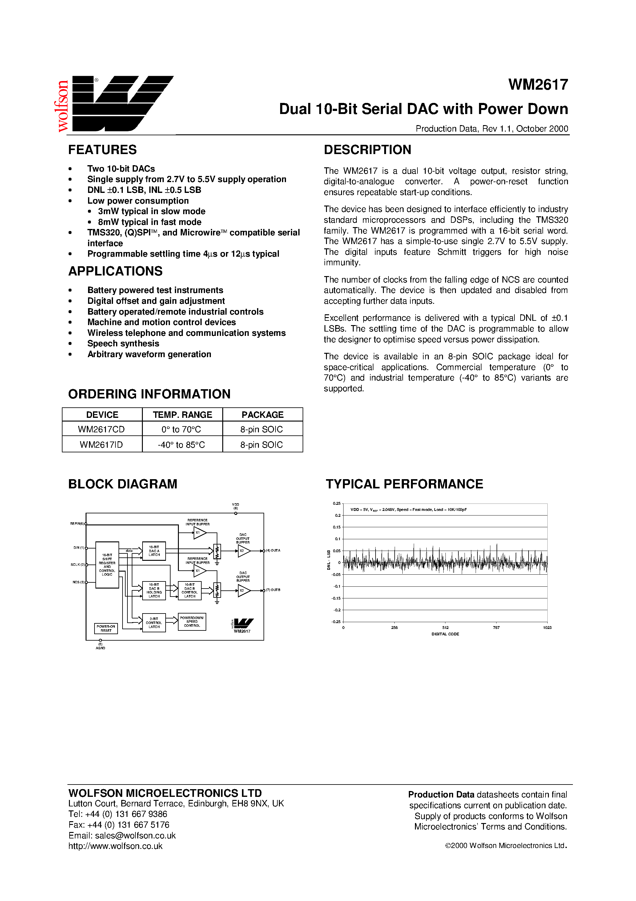 Datasheet WM2617 - Dual 10-Bit Serial DAC with Power Down page 1
