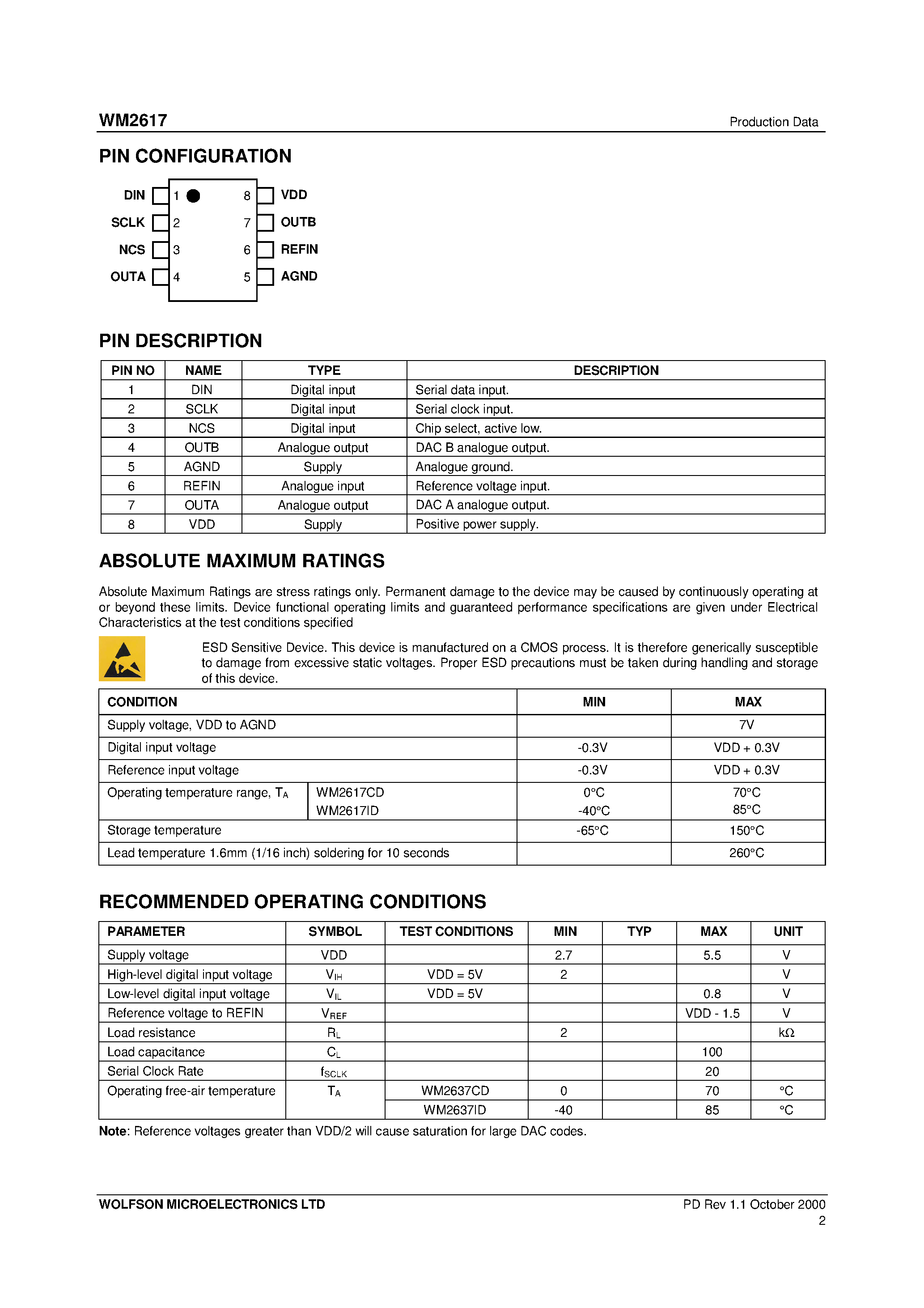 Datasheet WM2617 - Dual 10-Bit Serial DAC with Power Down page 2