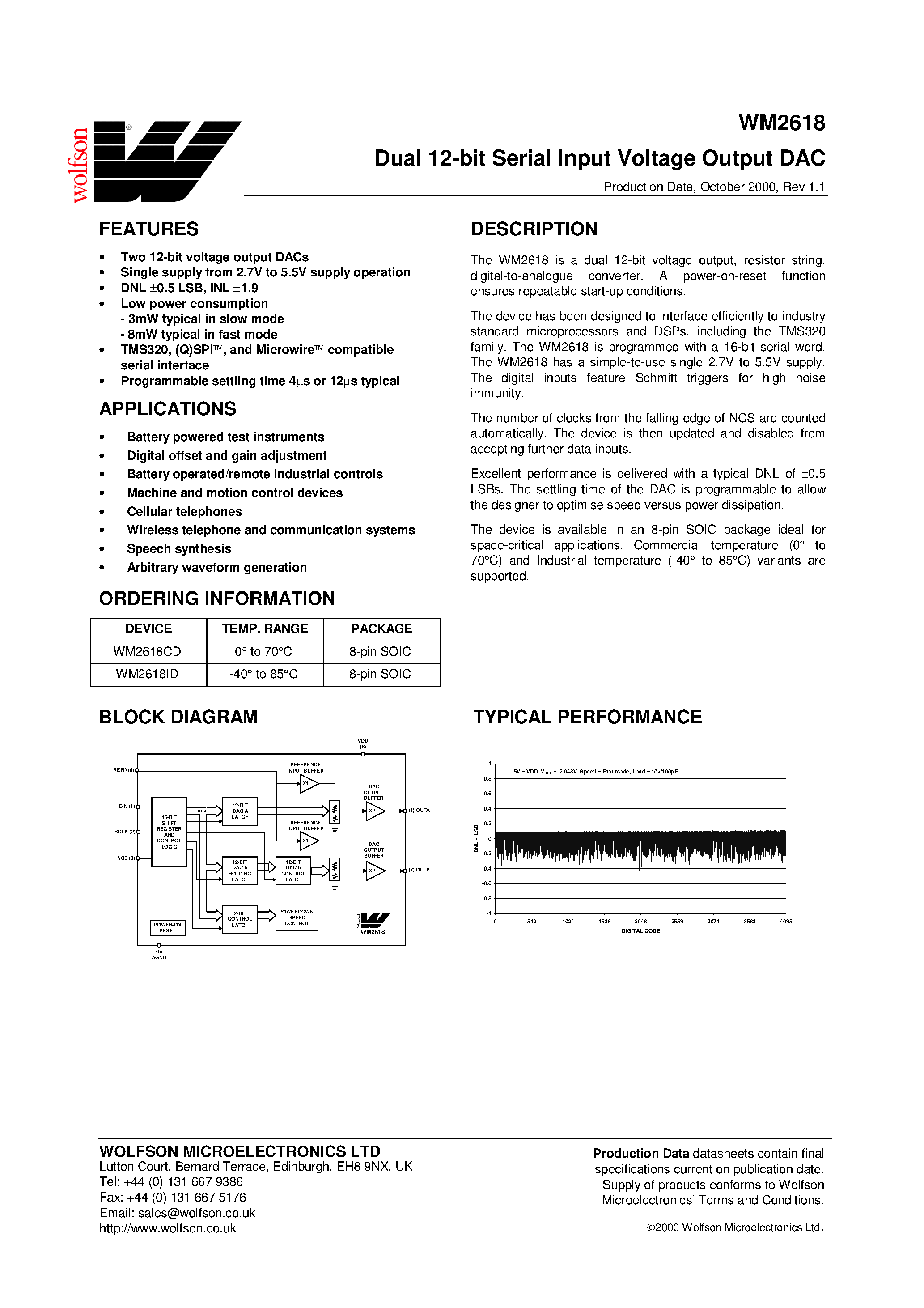 Datasheet WM2618 - Dual 12-Bit Serial Input Voltage Output DAC page 1