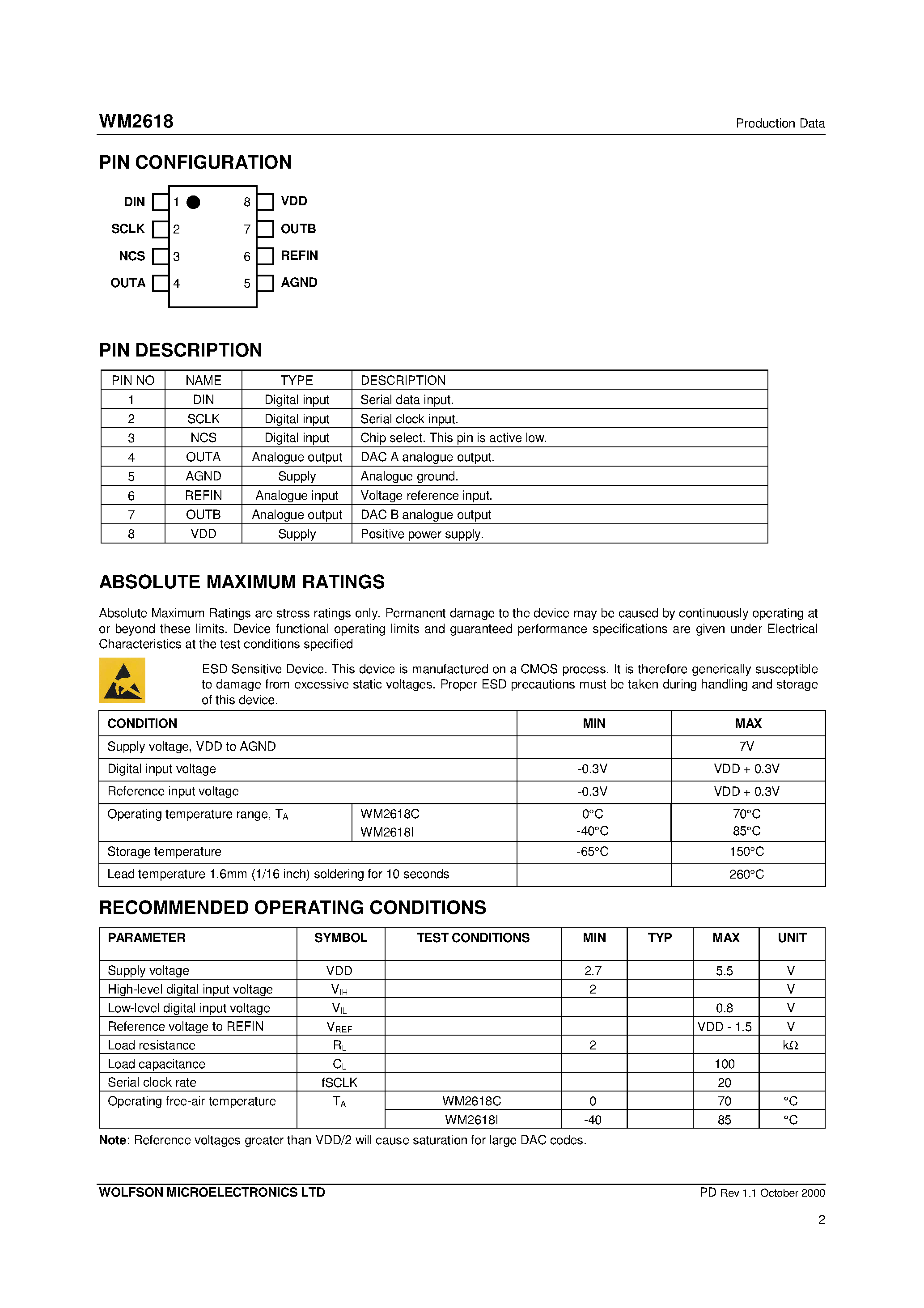 Datasheet WM2618 - Dual 12-Bit Serial Input Voltage Output DAC page 2