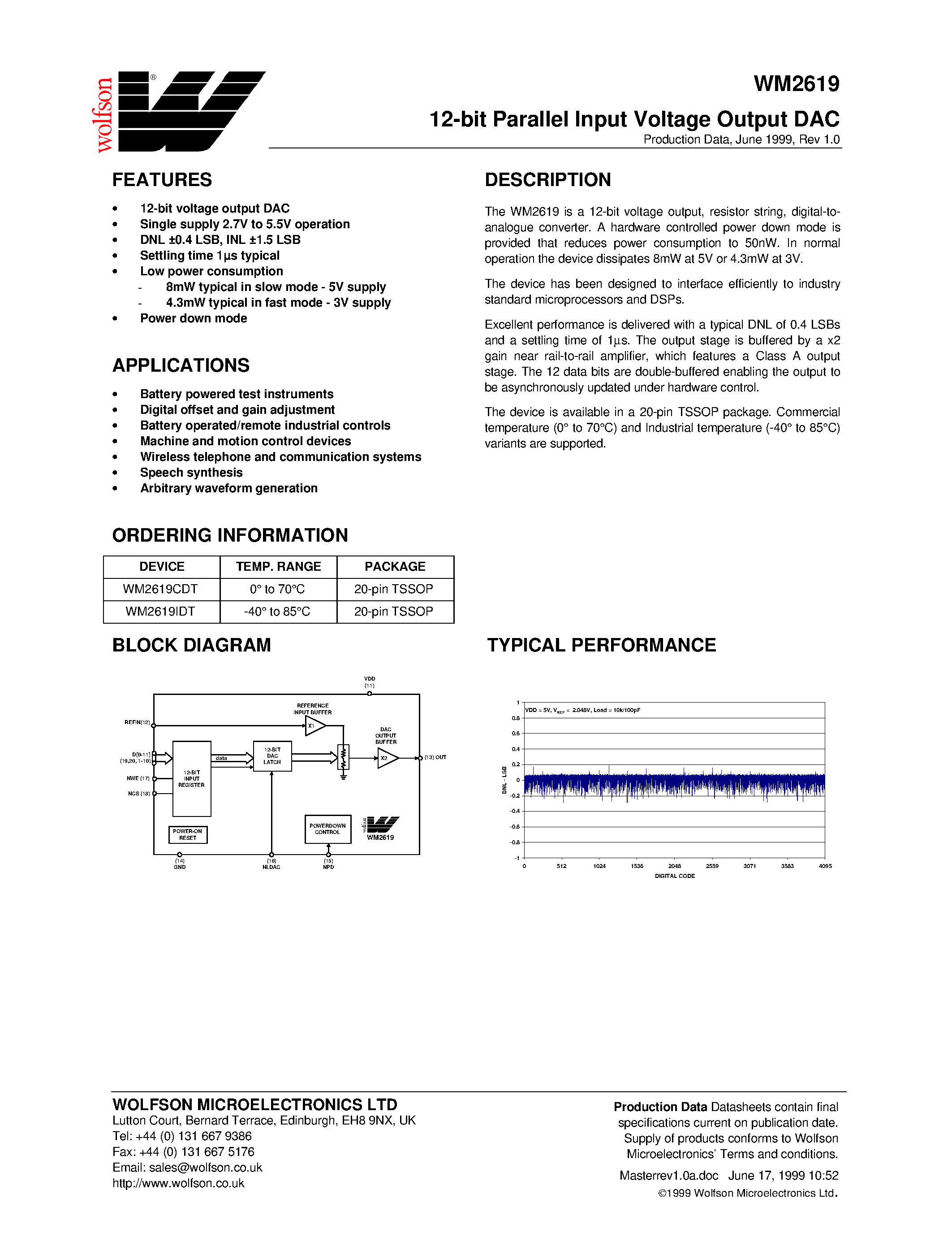 Datasheet WM2619 - 12-bit Parallel Input Voltage Output DAC page 1