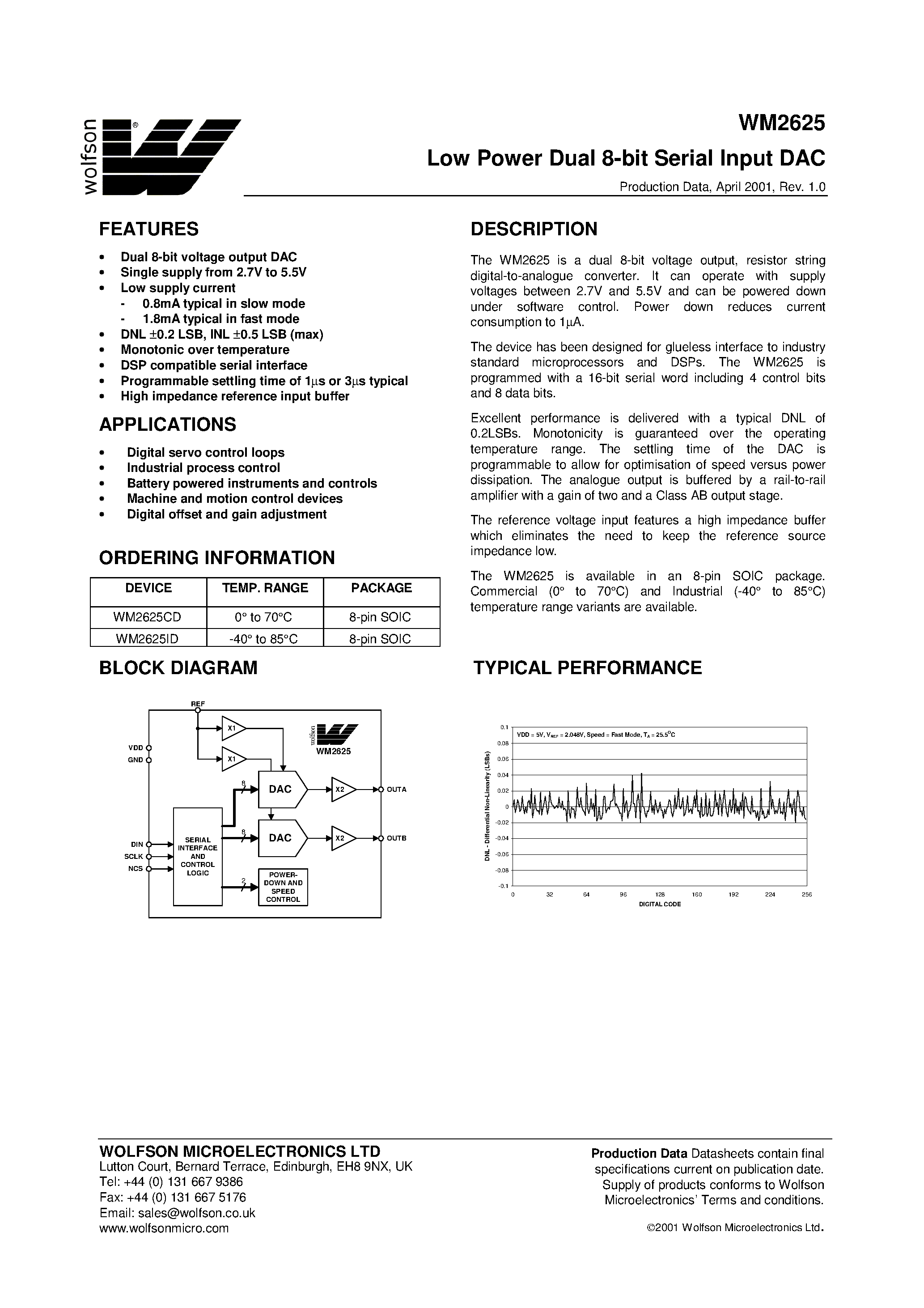 Datasheet WM2625 - Low Power Dual 8-bit Serial Input DAC page 1