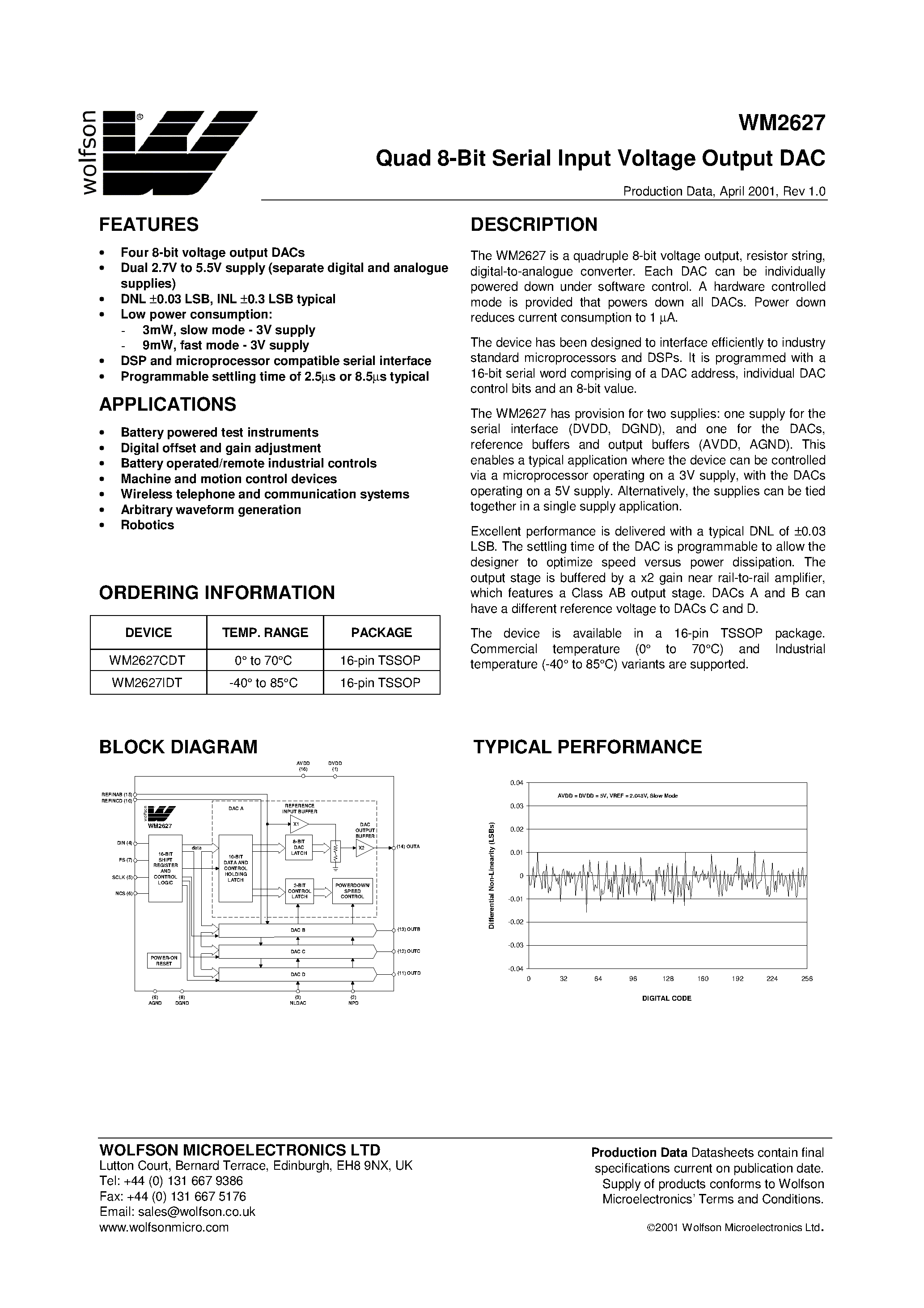 Datasheet WM2627 - Quad 8-Bit Serial Input Voltage Output DAC page 1