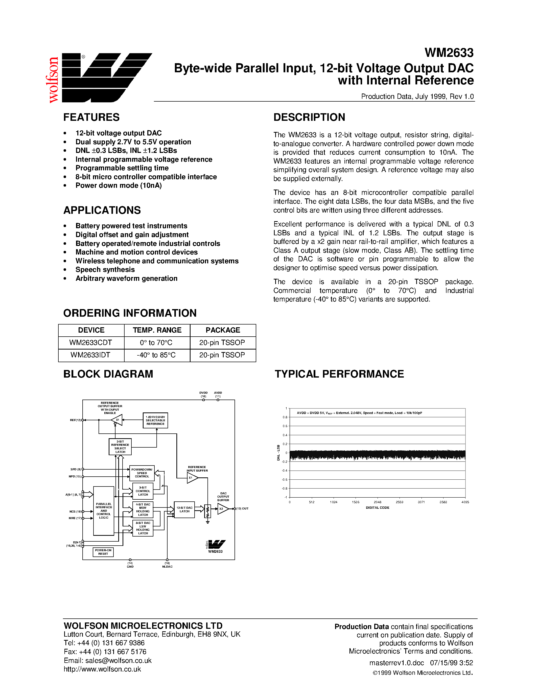 Datasheet WM2633 - Byte-wide Parallel Input/ 12-bit Voltage Output DAC with Internal Reference page 1