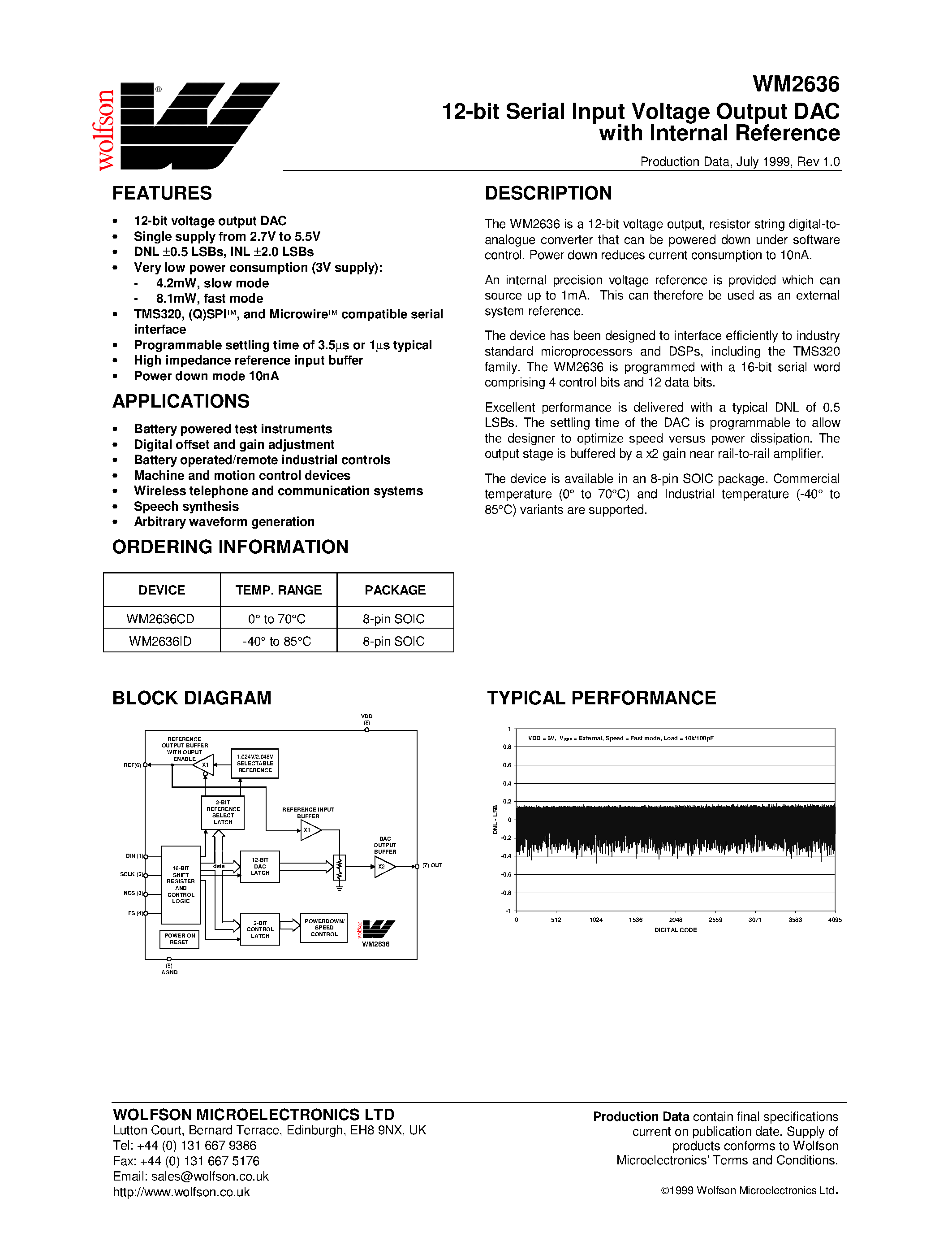 Datasheet WM2636 - 12-bit Serial Input Voltage Output DAC with Internal Reference page 1